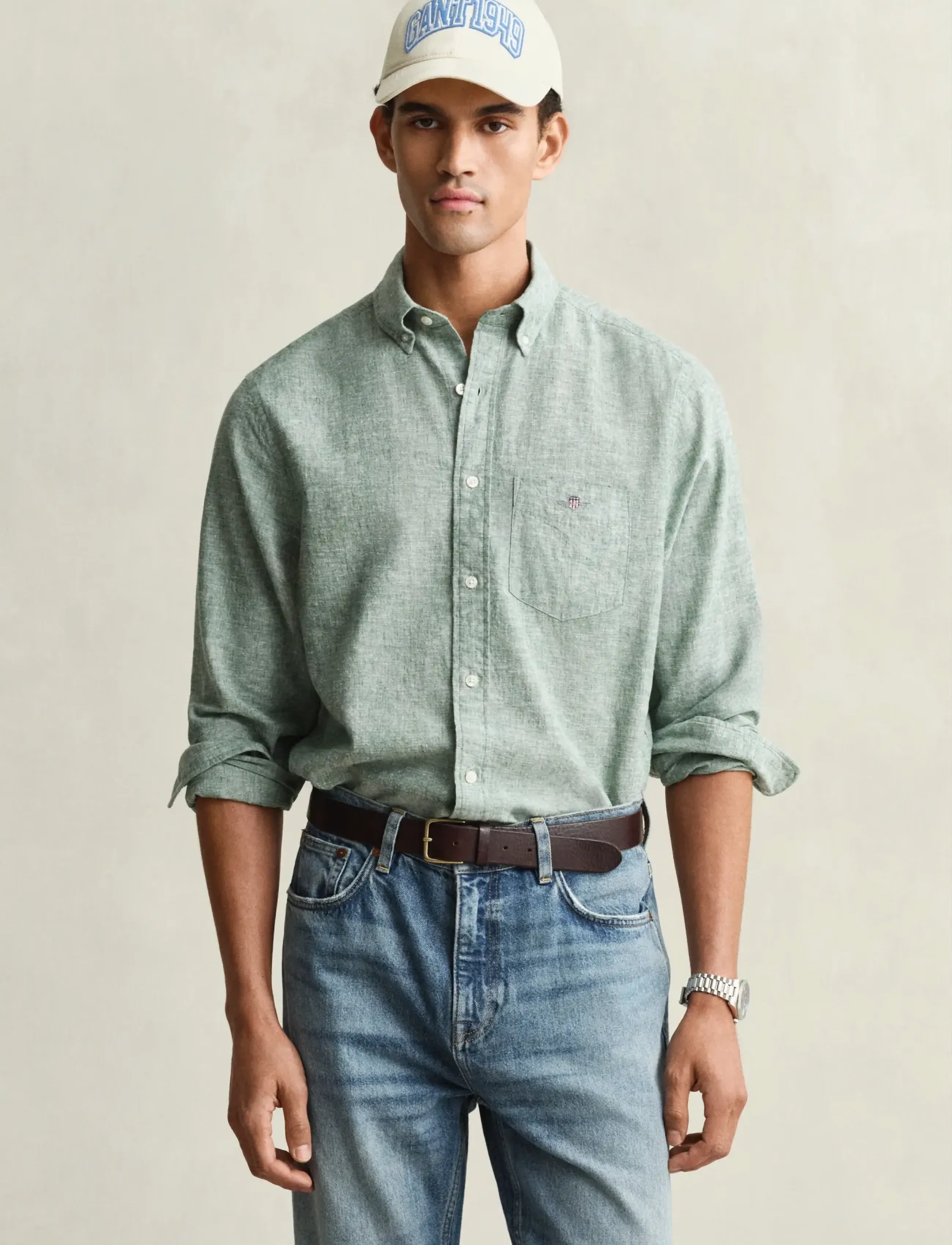 GANT REG COTTON LINEN SHIRT - Särgid - WOODY GREEN / green