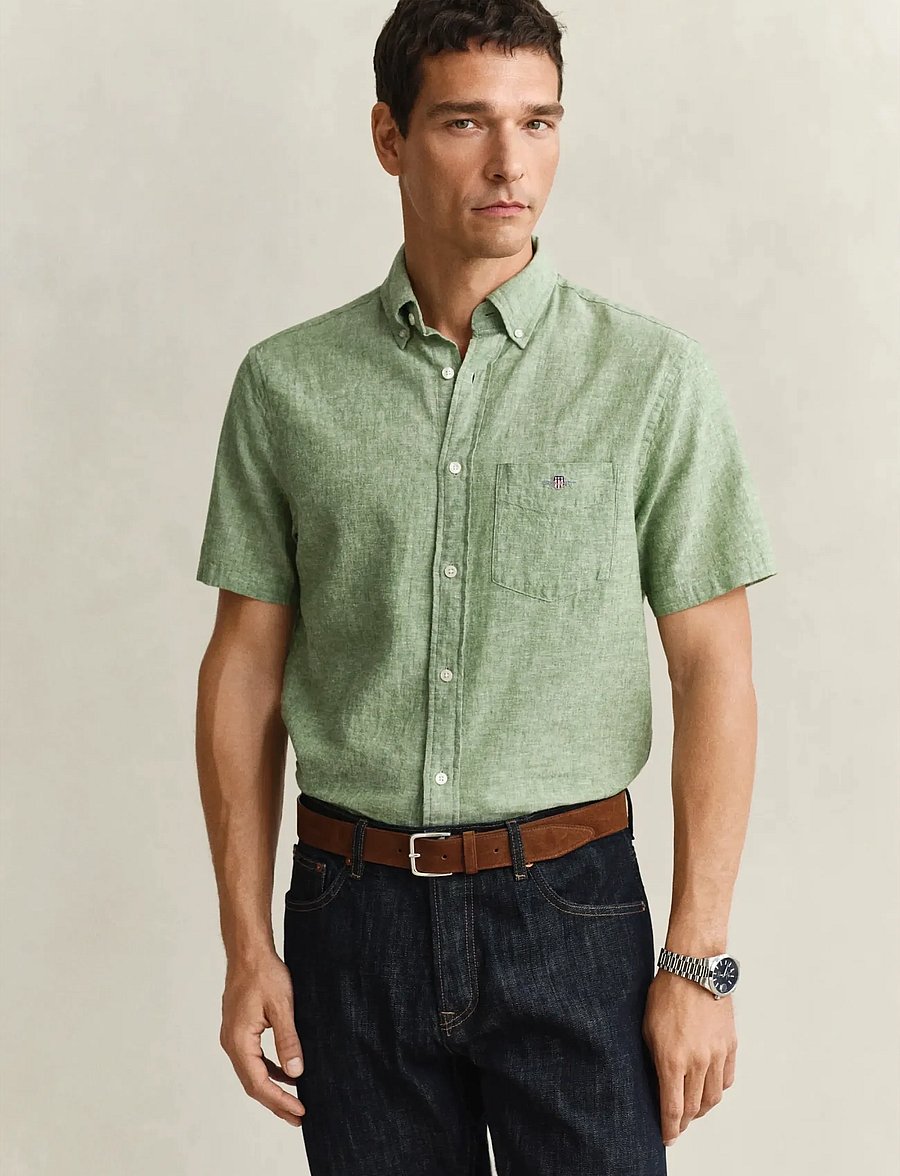 Gant - REG COTTON LINEN SS SHIRT - kurzarmhemden - herb green - 0