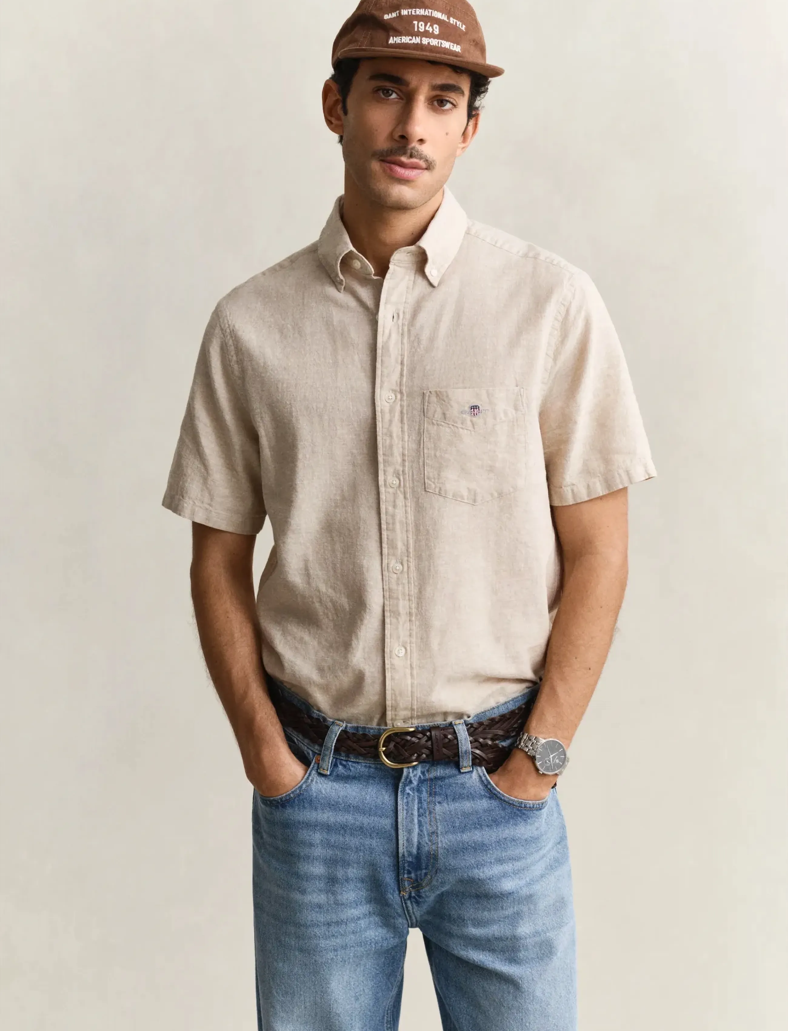 GANT REG COTTON LINEN SS SHIRT - Hemden - OAT BEIGE / beige