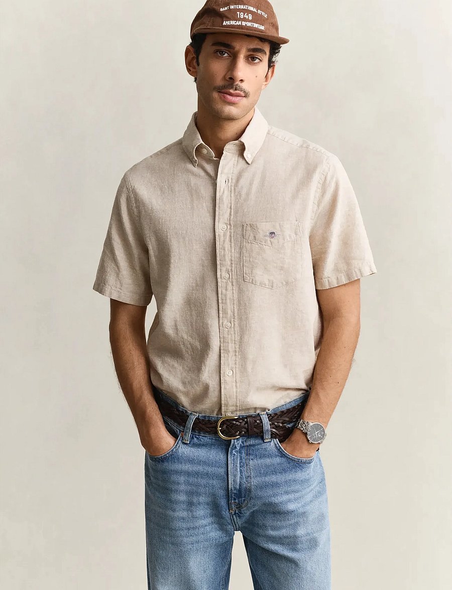 Gant - REG COTTON LINEN SS SHIRT - kortærmede skjorter - oat beige - 0