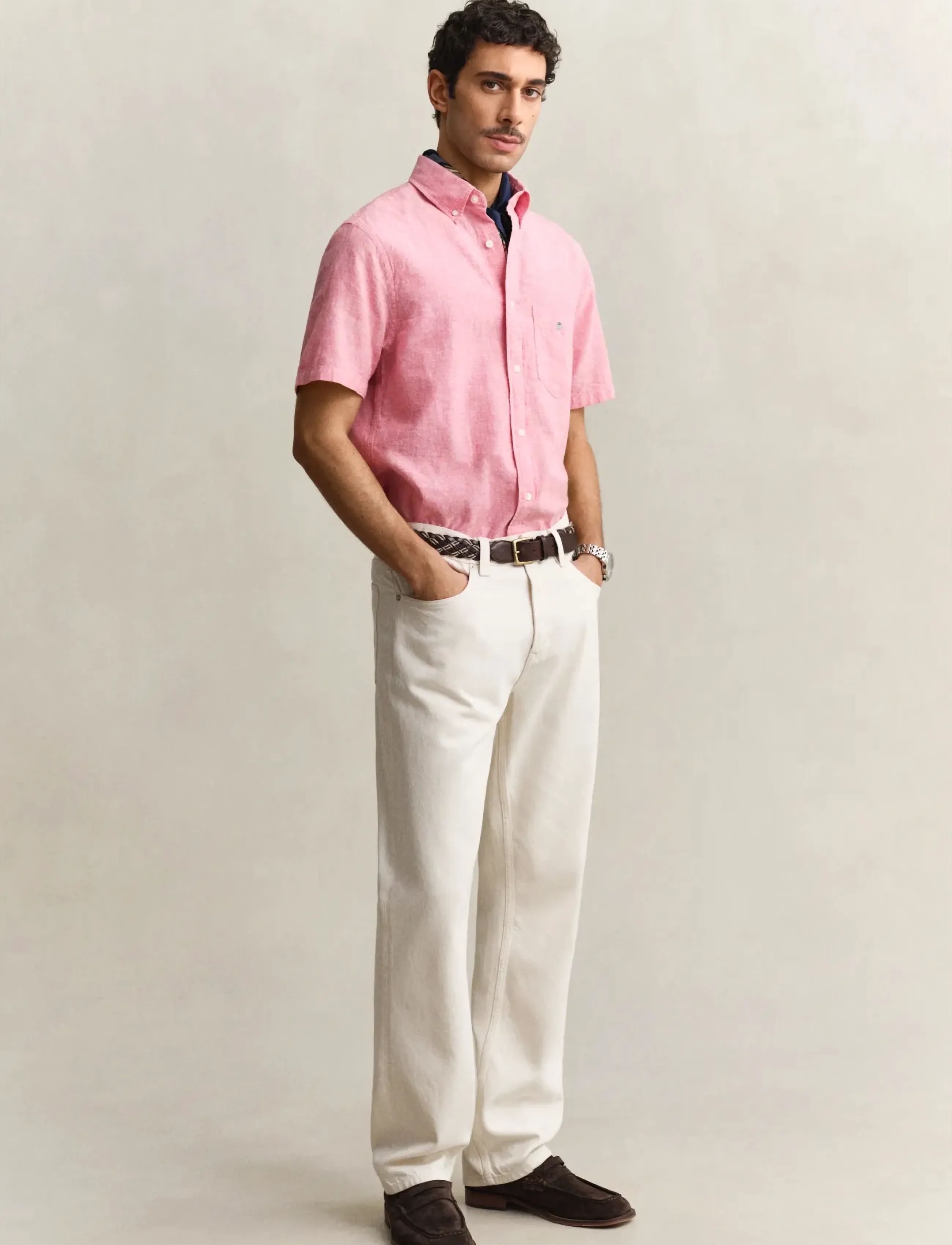 Gant - REG COTTON LINEN SS SHIRT - kortärmade skjortor - rose pink - 4