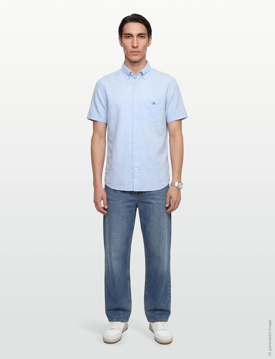 Gant - REG COTTON LINEN SS SHIRT - kortærmede skjorter - sky blue - 0