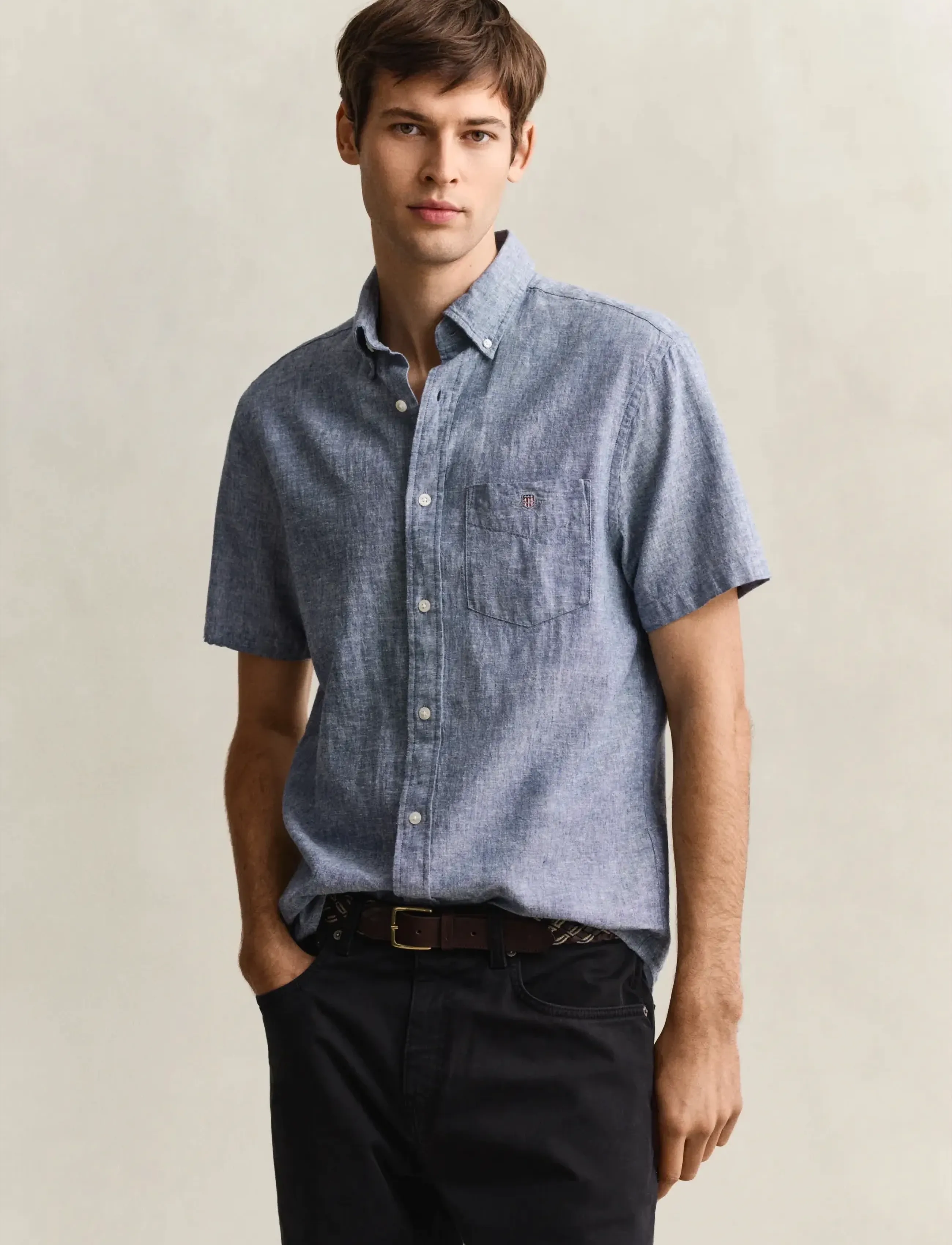 GANT REG COTTON LINEN SS SHIRT - Skjorter - VINTAGE BLUE / blue