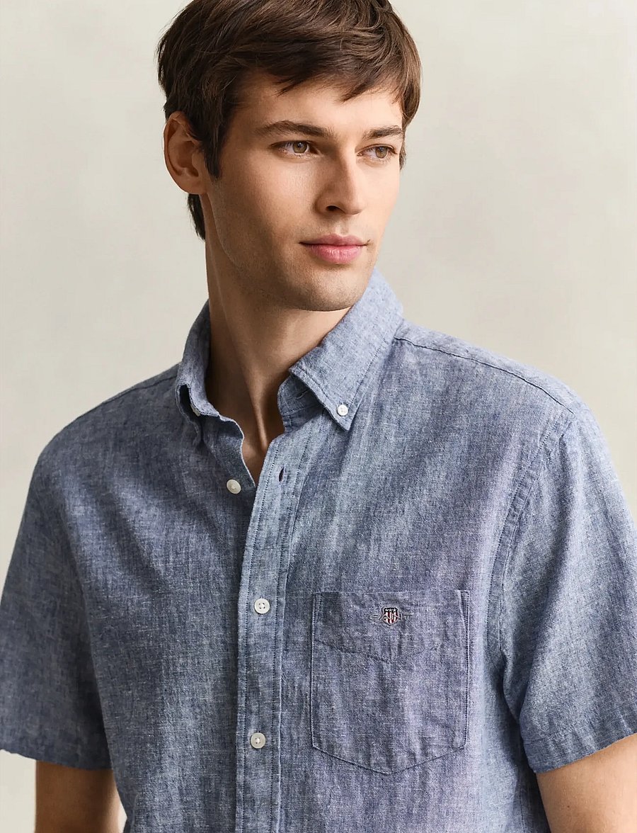 Gant - REG COTTON LINEN SS SHIRT - kurzarmhemden - vintage blue - 3