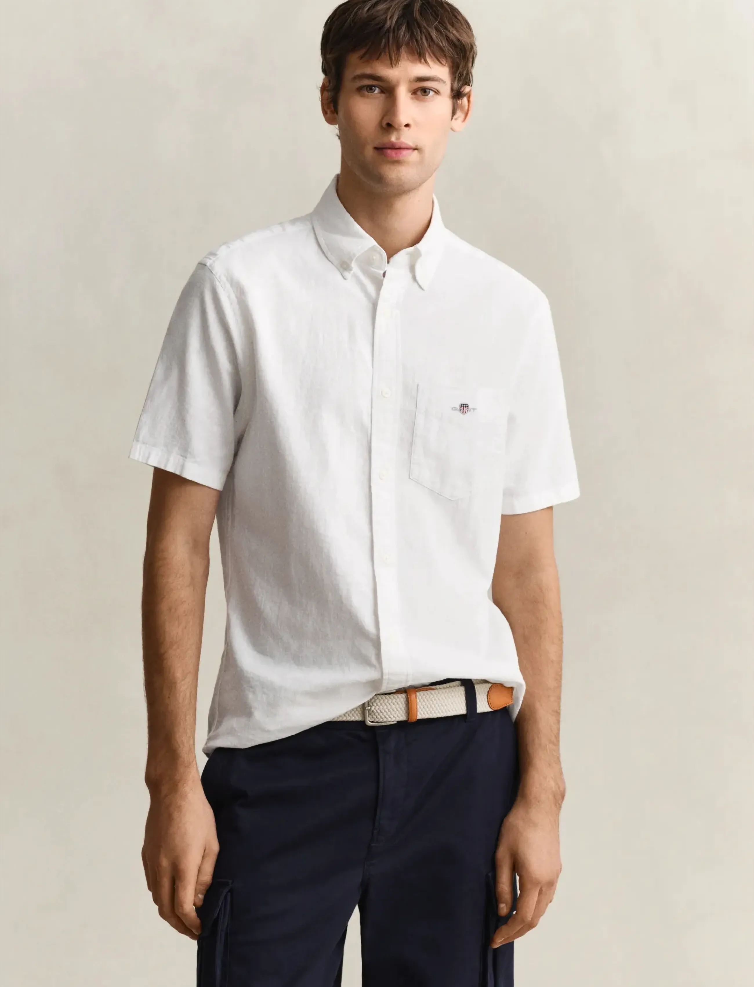 Gant Reg Cotton Linen Ss Shirt, L, White, Skjorter > Kortærmede Shirts, Herre