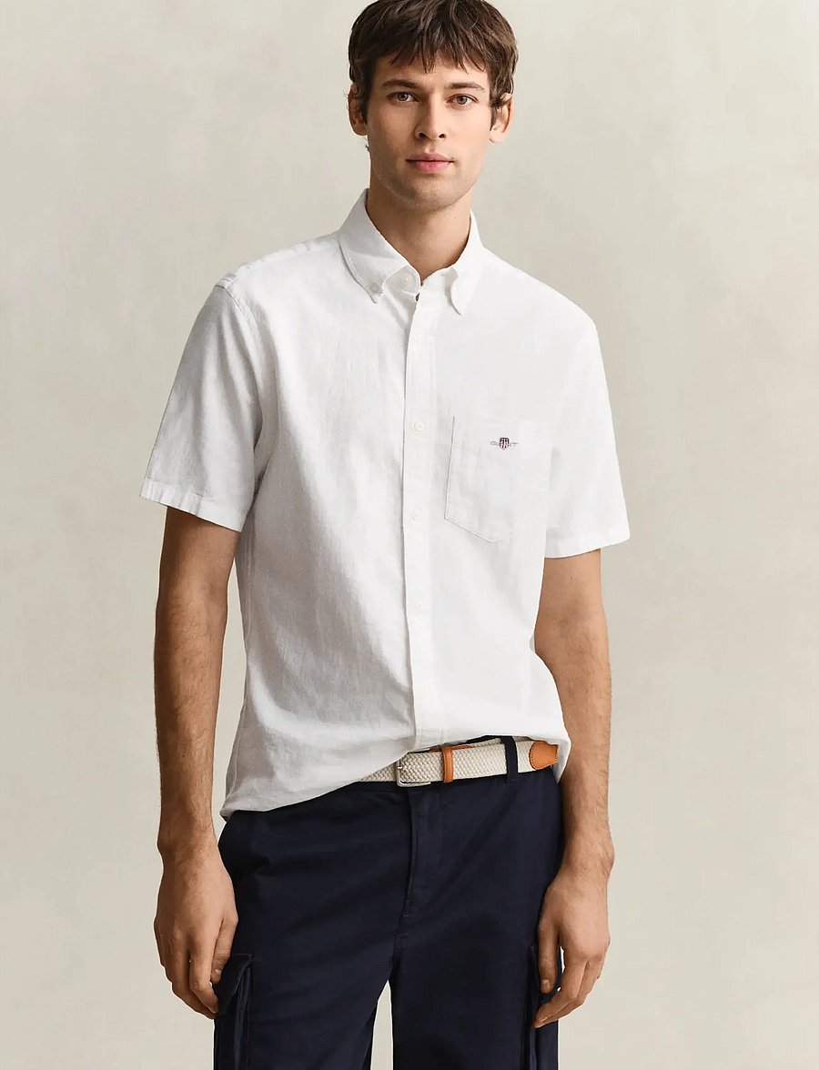 Gant - REG COTTON LINEN SS SHIRT - kurzarmhemden - white - 0