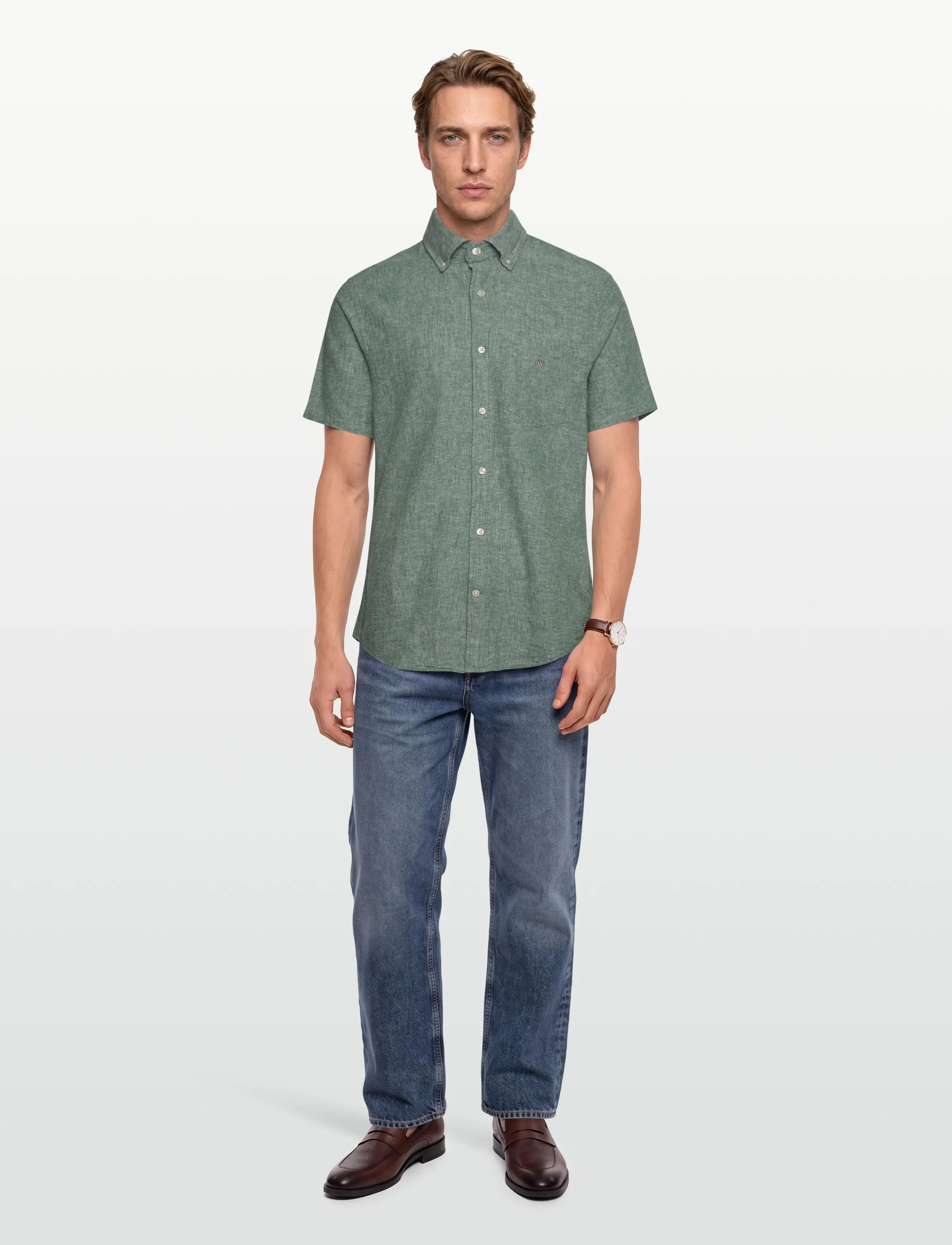 Gant - REG COTTON LINEN SS SHIRT - basic-hemden - woody green - 0