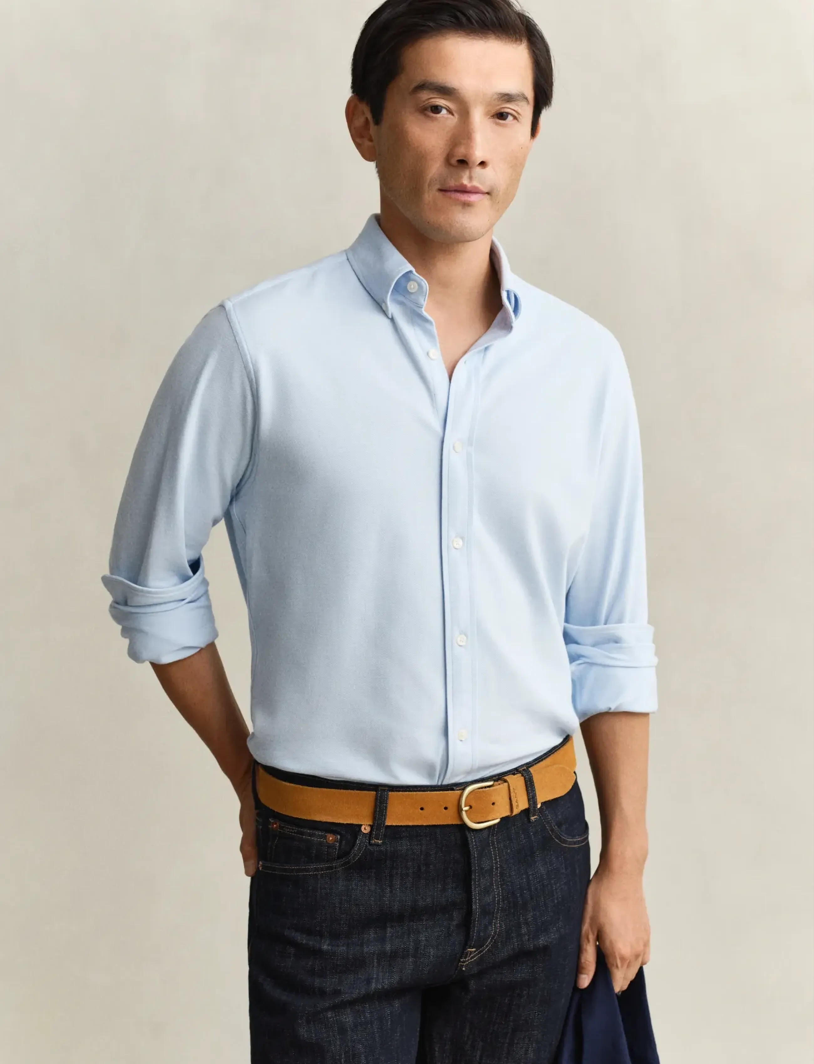 Gant Reg Jersey Pique Stretch Shirt, M, Blue, Skjorter > Afslappet Shirts, Herre