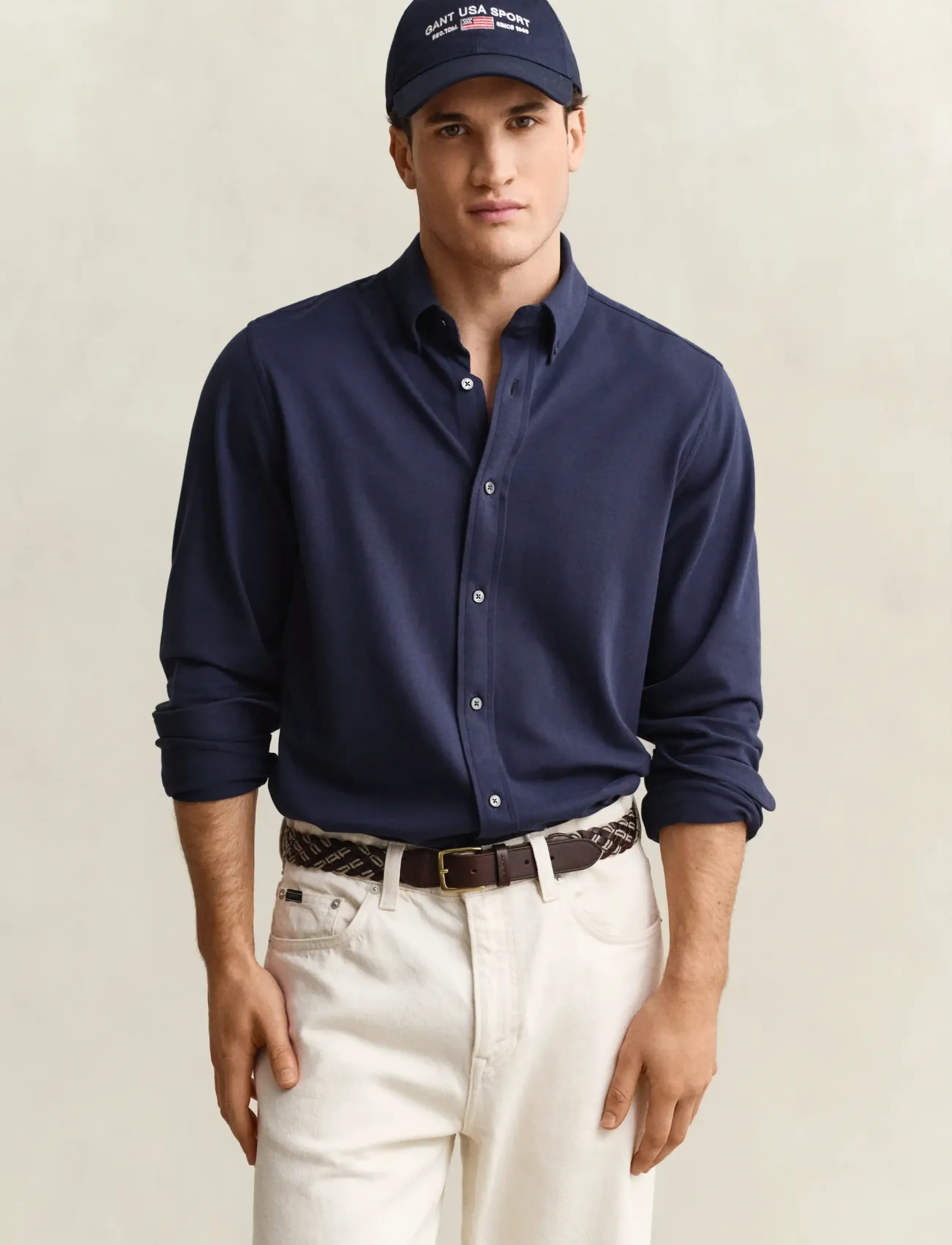 Gant Reg Jersey Pique Stretch Shirt, S, Navy, Skjorter > Afslappet Shirts, Herre