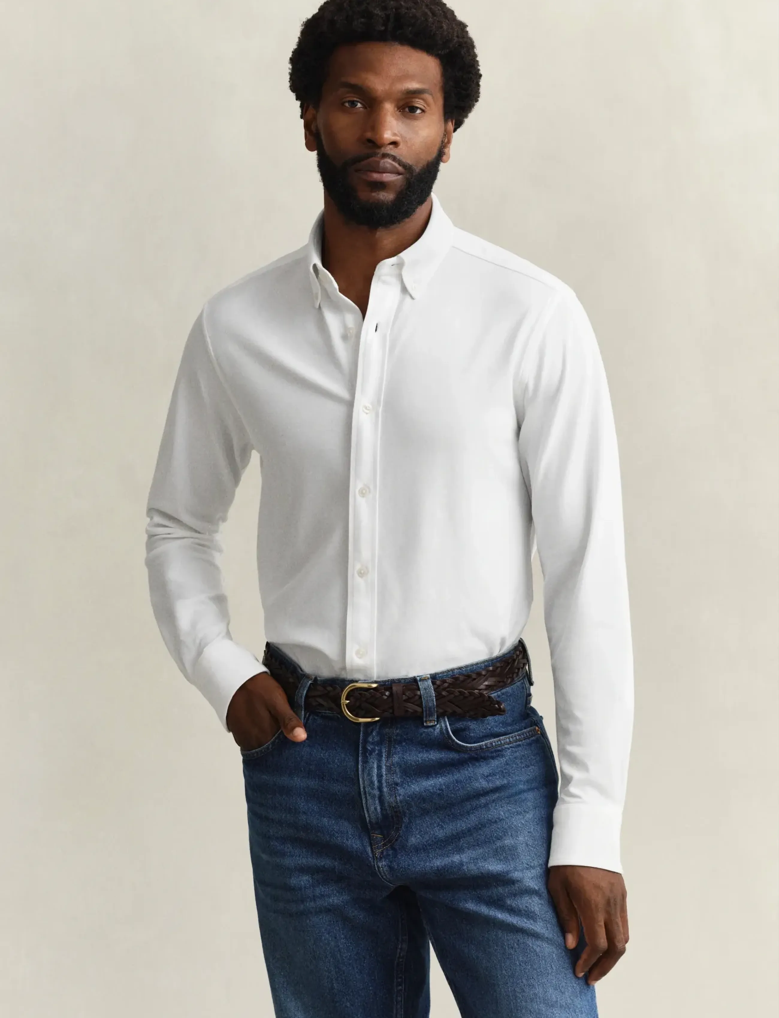 Gant Reg Jersey Pique Stretch Shirt, XXL, White, Skjorter > Afslappet Shirts, Herre
