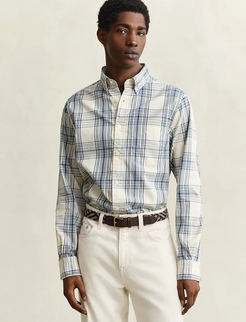 GANT - REG DREAMY OXFORD CHECK SHIRT - rutiga skjortor - creamed white - 0
