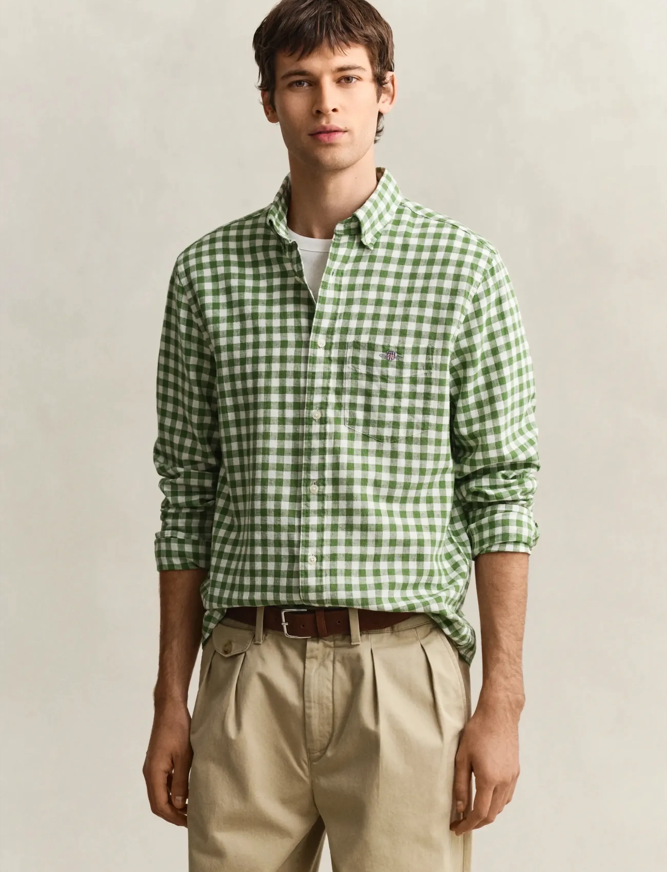 Gant Reg Cotton Linen Gingham Shirt, Mænd, Gingham Skjorte, Grøn, Str: S