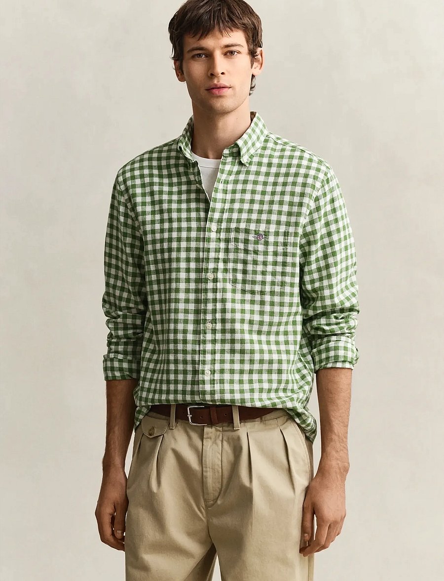 Gant - REG COTTON LINEN GINGHAM SHIRT - leinenhemden - dry herb green - 0