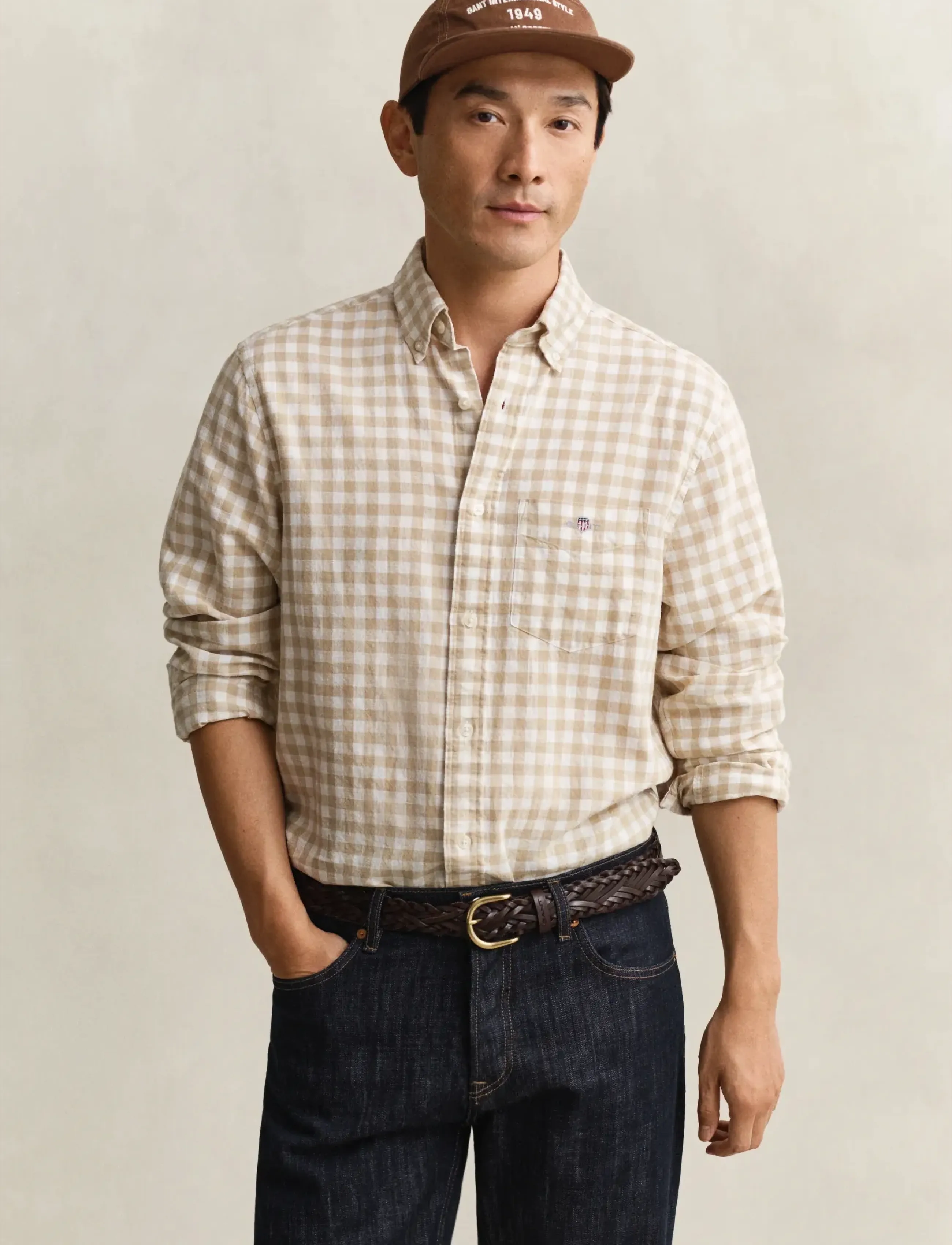 Gant Reg Cotton Linen Gingham Shirt, Mænd, Gingham Skjorte, Beige, Str: XL
