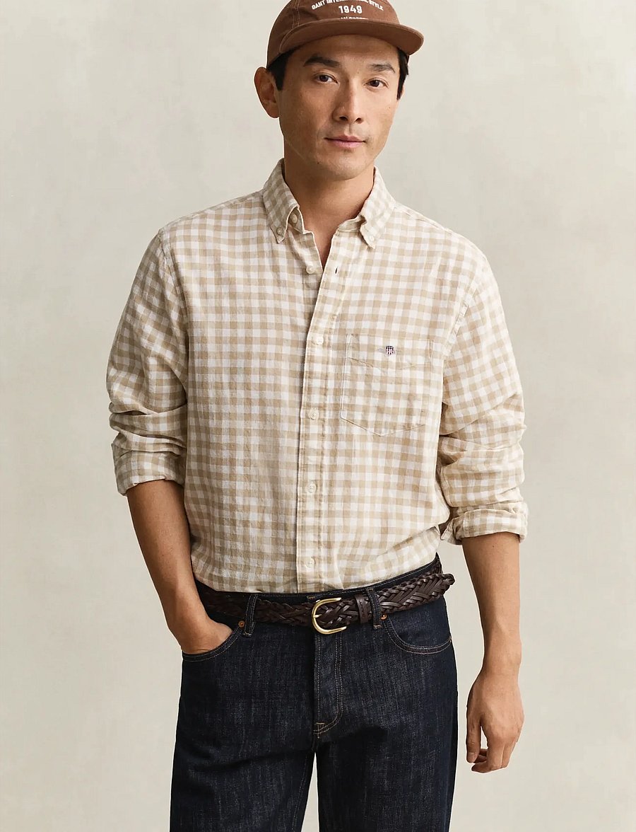 Gant - REG COTTON LINEN GINGHAM SHIRT - leinenhemden - oat beige - 0