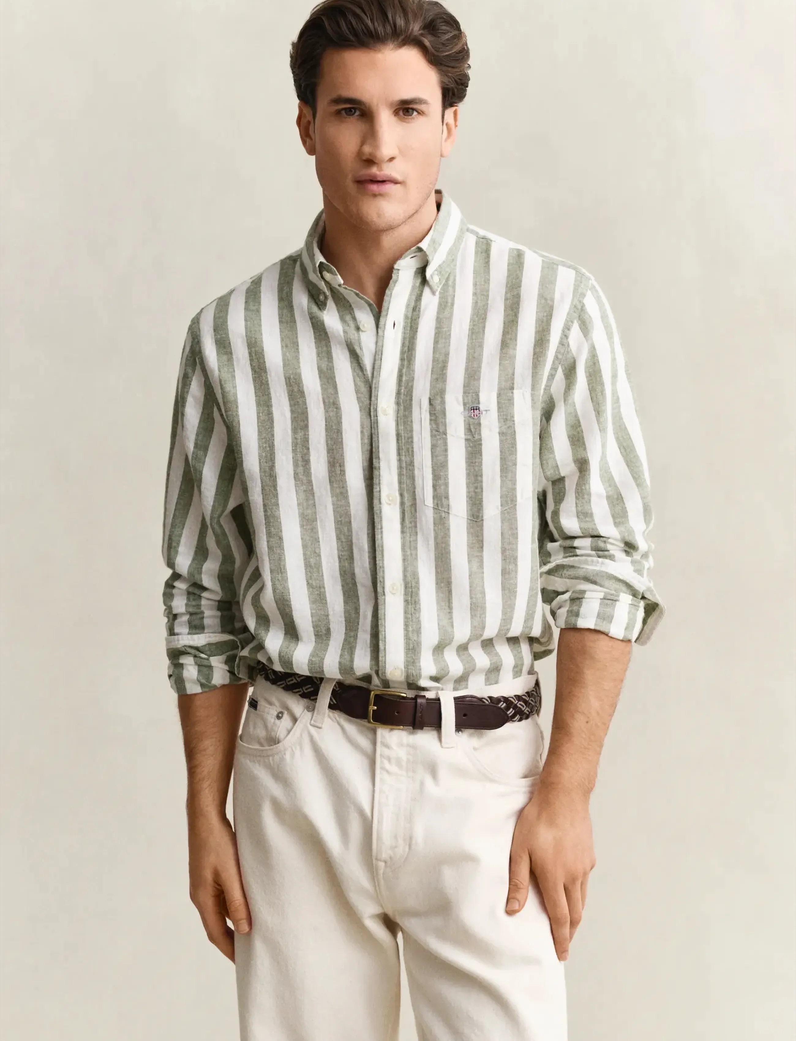 GANT REG COTTON LINEN STRIPE SHIRT - Stribede skjorter - DRY HERB GREEN / khaki/green