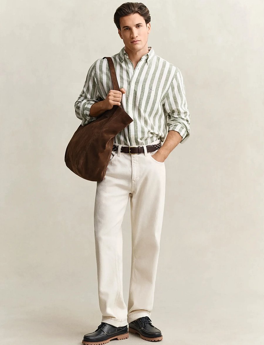 Gant - REG COTTON LINEN STRIPE SHIRT - stribede skjorter - dry herb green - 4
