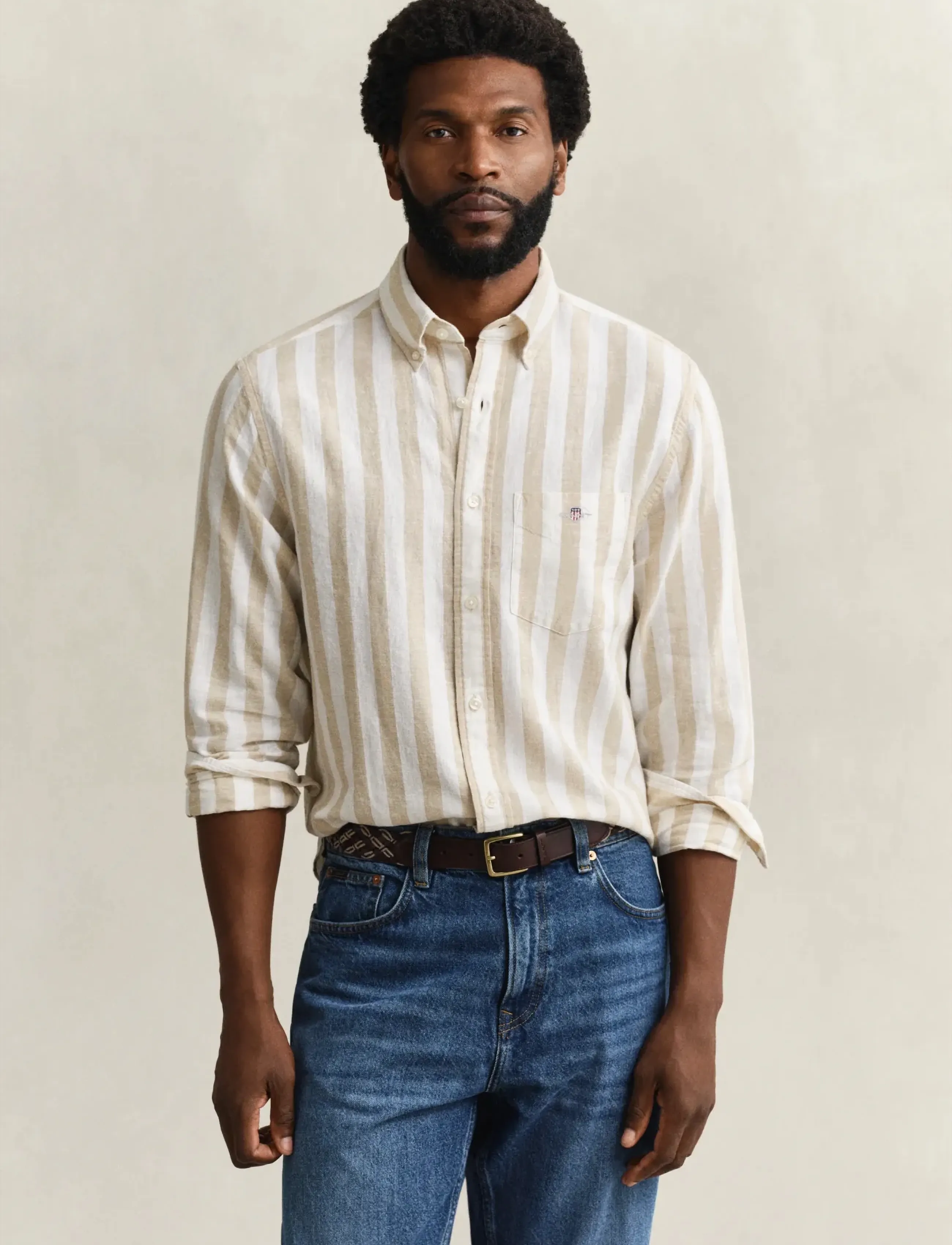 Gant REG COTTON LINEN STRIPE SHIRT - Skjorter - OAT BEIGE / beige