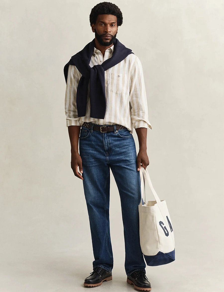 Gant - REG COTTON LINEN STRIPE SHIRT - stribede skjorter - oat beige - 4