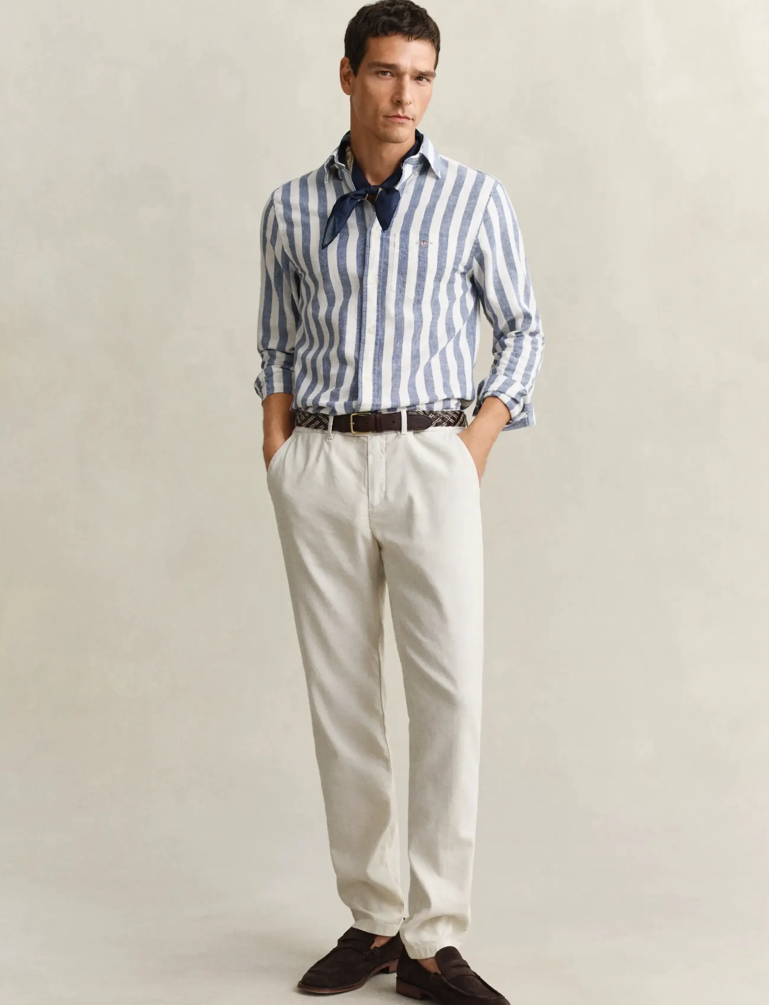 Gant - REG COTTON LINEN STRIPE SHIRT - röndóttar skyrtur - vintage blue - 4