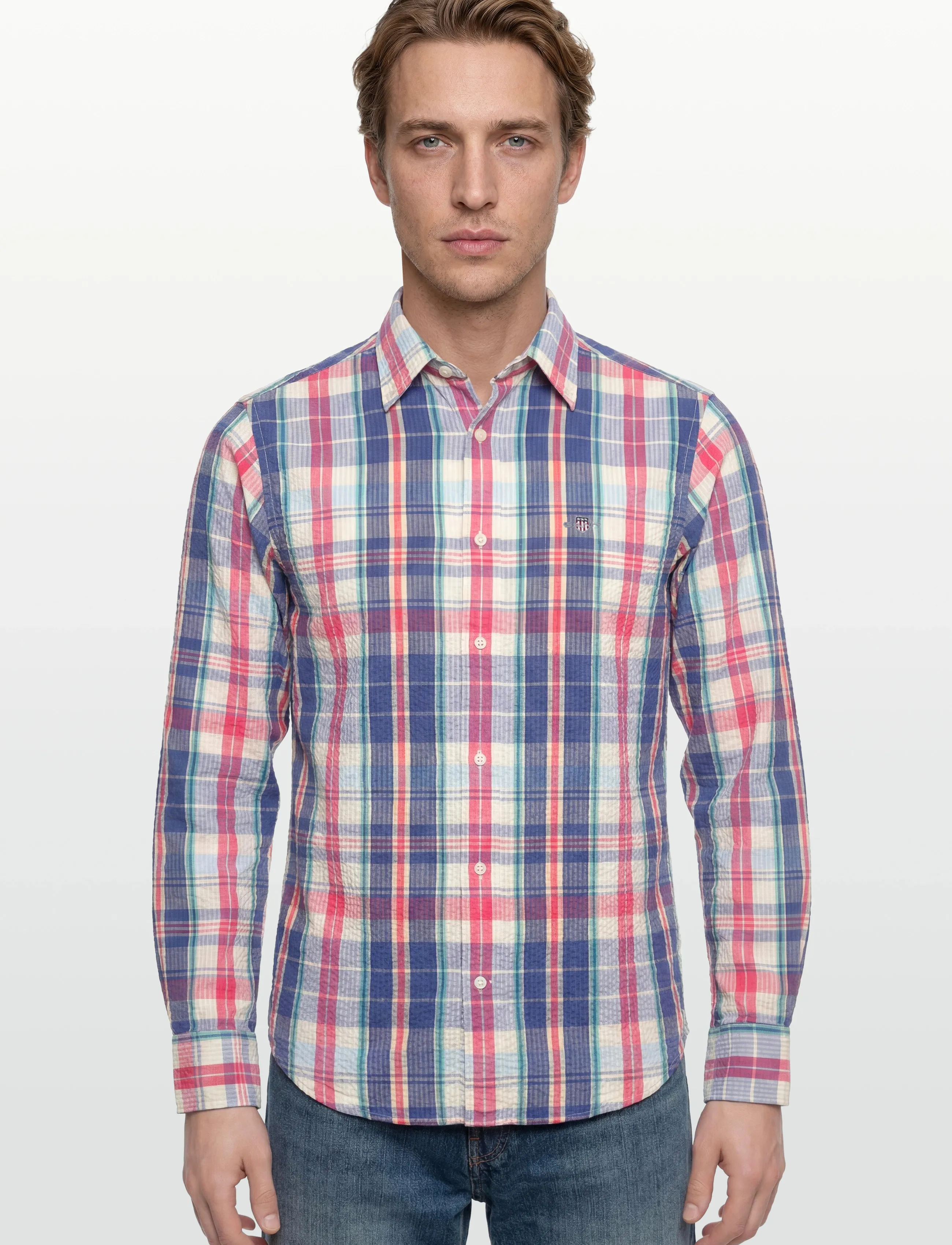 Gant - REG SEERSUCKER MADRAS SHIRT - ternede skjorter - vintage blue - 3