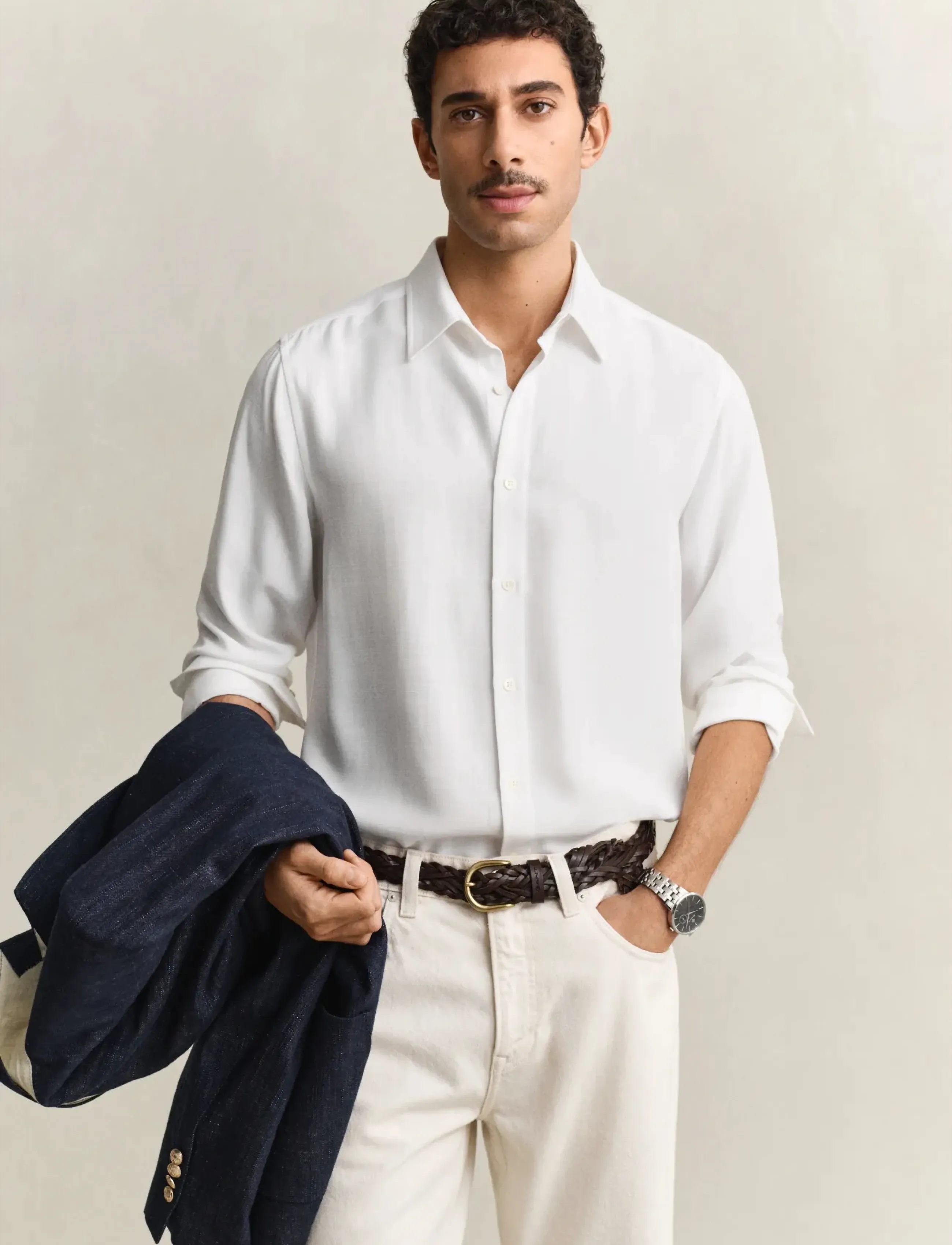 Gant Reg Lyocell Shirt, M, White, Skjorter > Afslappet Shirts, Herre