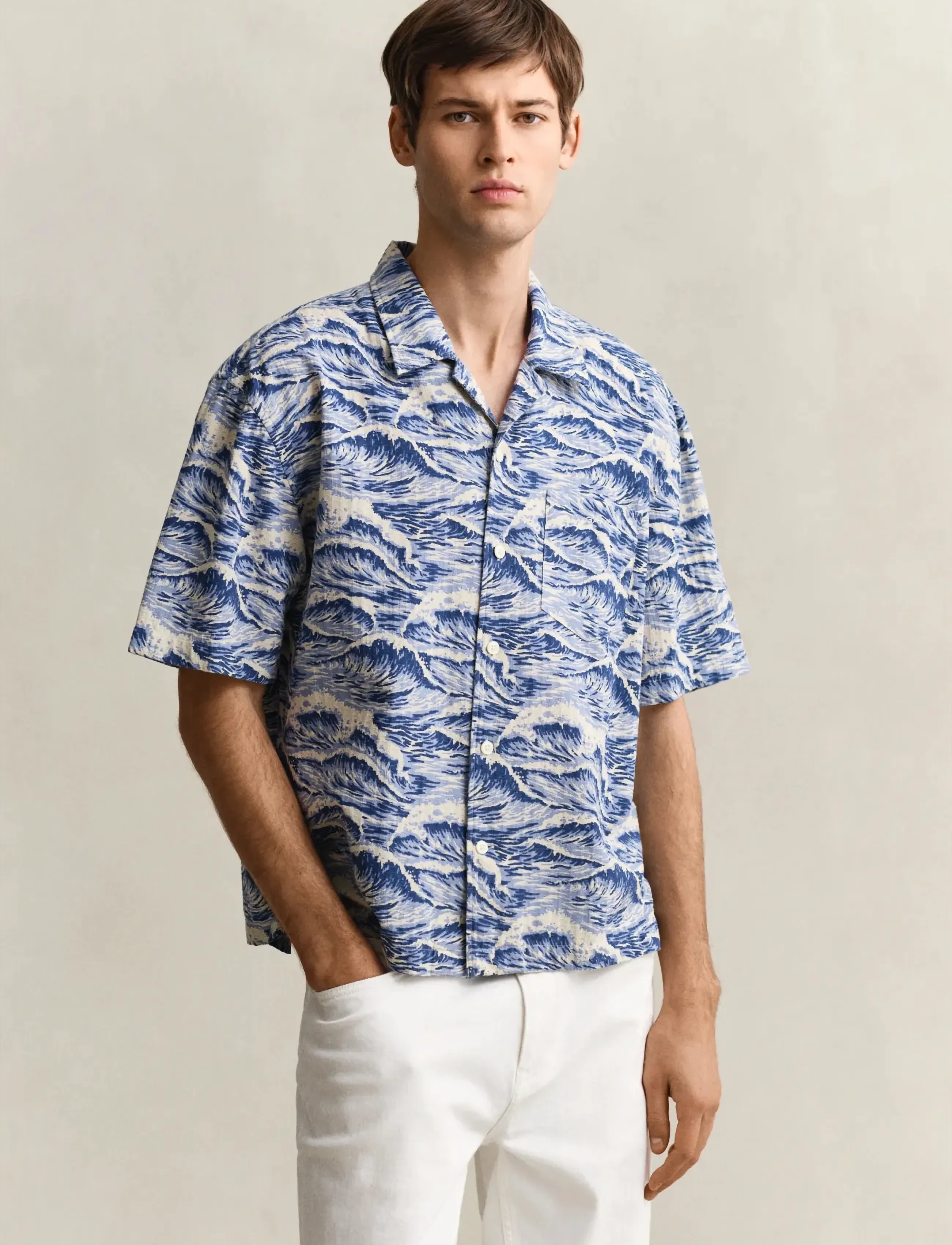 Gant Rel Aop Camp Collar Ss Shirt, L, Shirts, Blau - Short-sleeved Männerswear