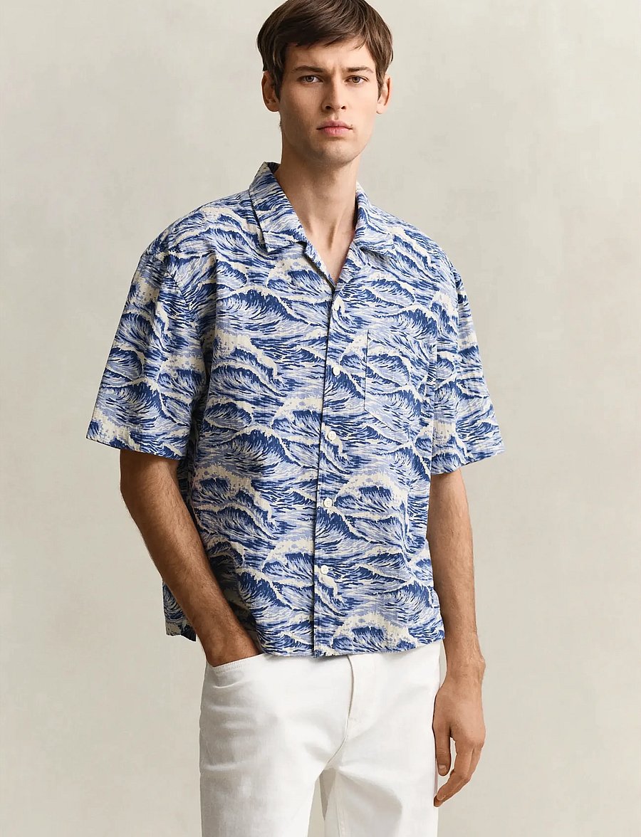 Gant - REL AOP CAMP COLLAR SS SHIRT - kortærmede skjorter - vintage blue - 0
