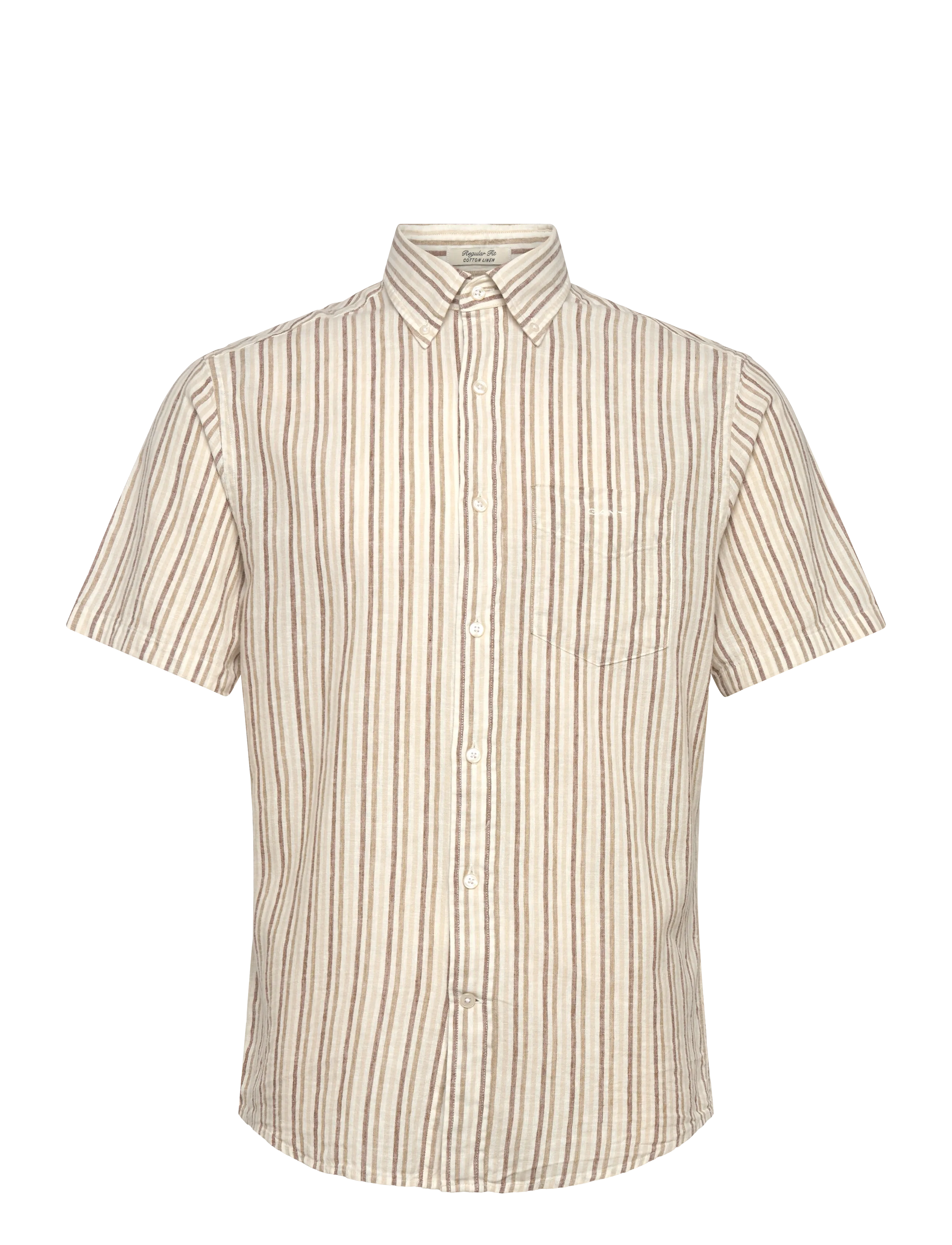 Gant REG COTTON LINEN STRIPE SS SHIRT - Skjortor - LIGHT TAUPE / cream