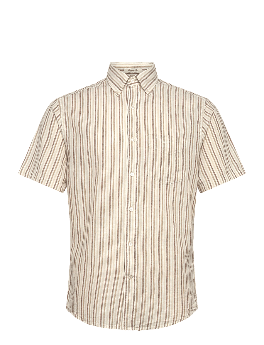 Gant - REG COTTON LINEN STRIPE SS SHIRT - kortærmede skjorter - light taupe - 1