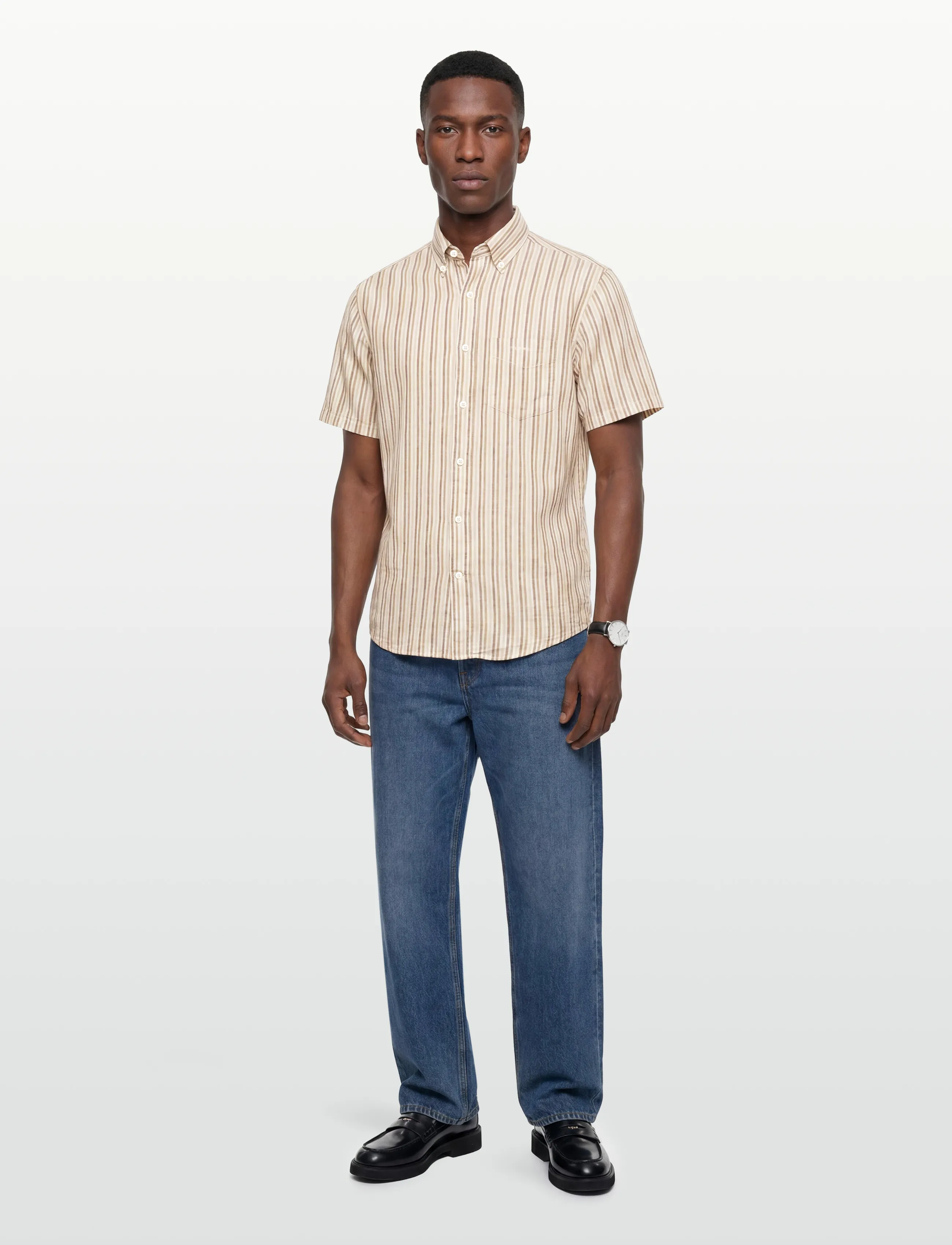 GANT REG COTTON LINEN STRIPE SS SHIRT - Visa allt - LIGHT TAUPE / cream