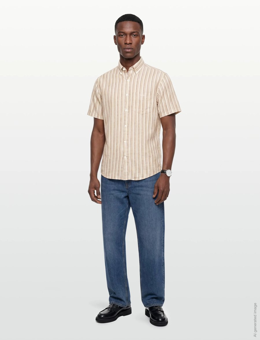 Gant - REG COTTON LINEN STRIPE SS SHIRT - kortærmede skjorter - light taupe - 0