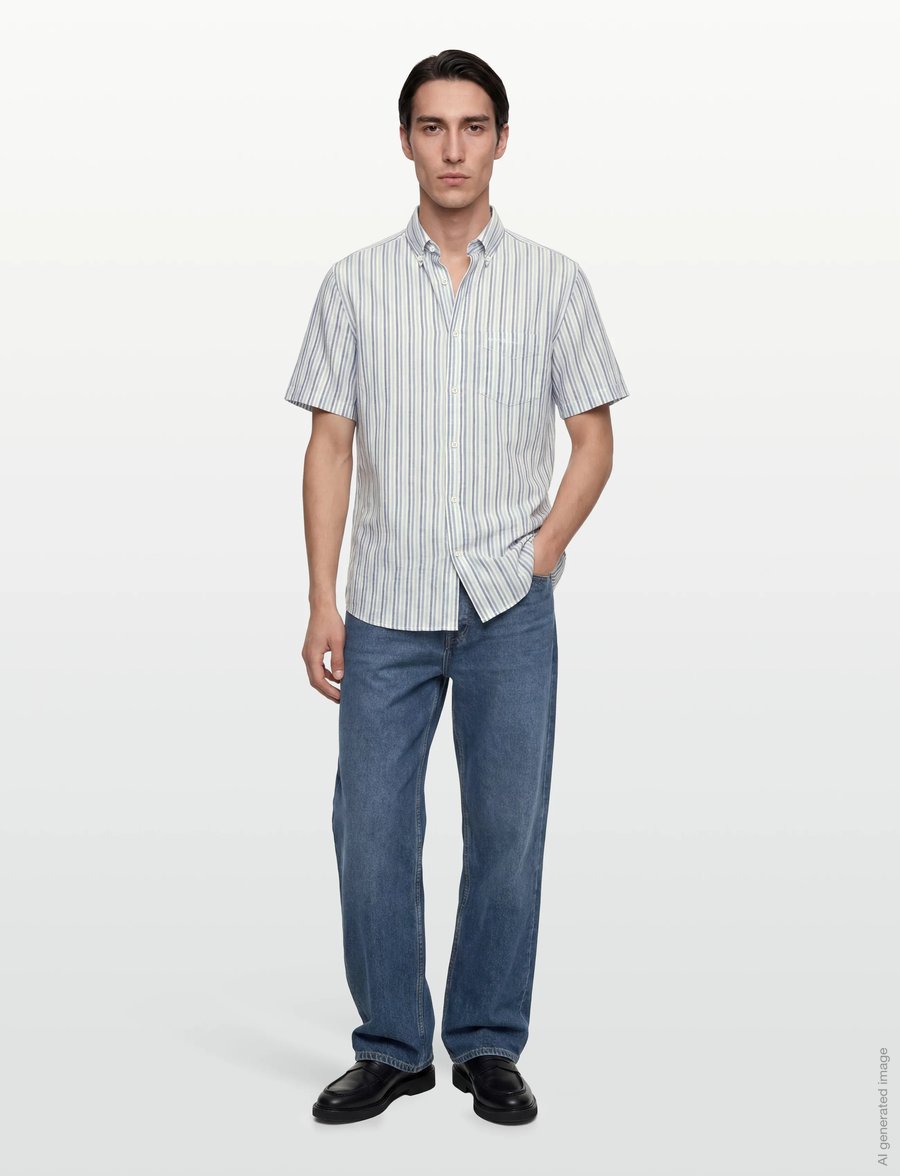Gant - REG COTTON LINEN STRIPE SS SHIRT - kortærmede skjorter - vintage blue - 0
