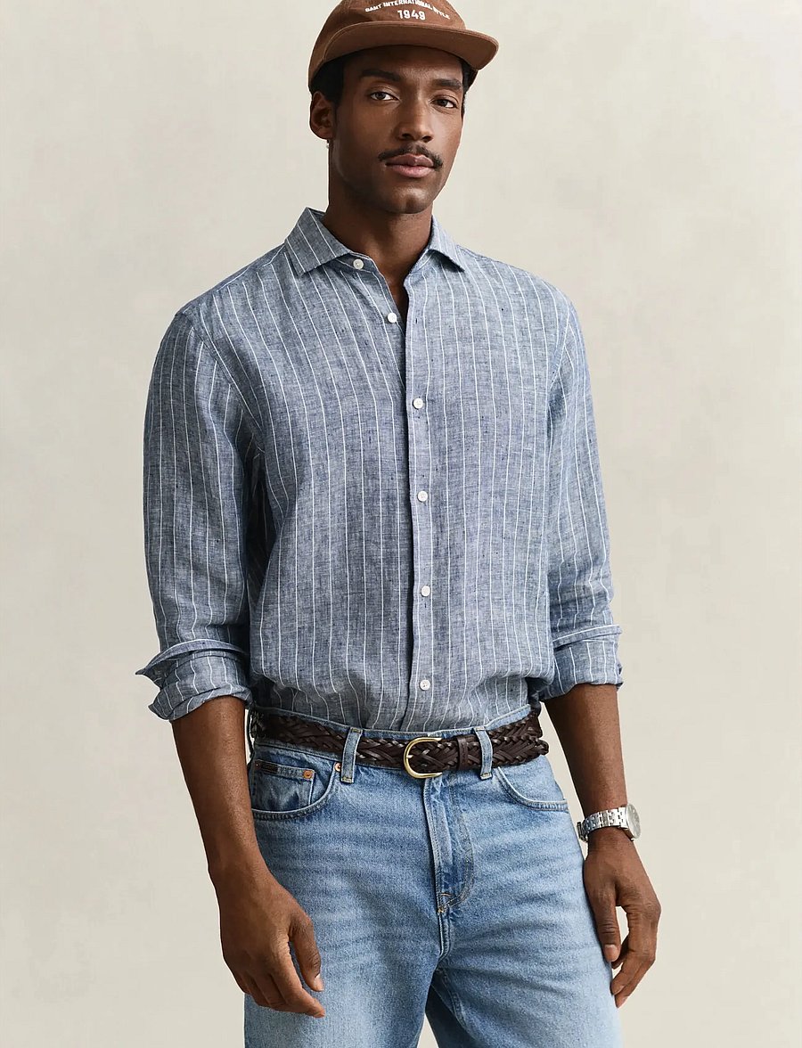 Gant - REG LINEN STRIPE SHIRT - gestreifte hemden - persian blue - 0