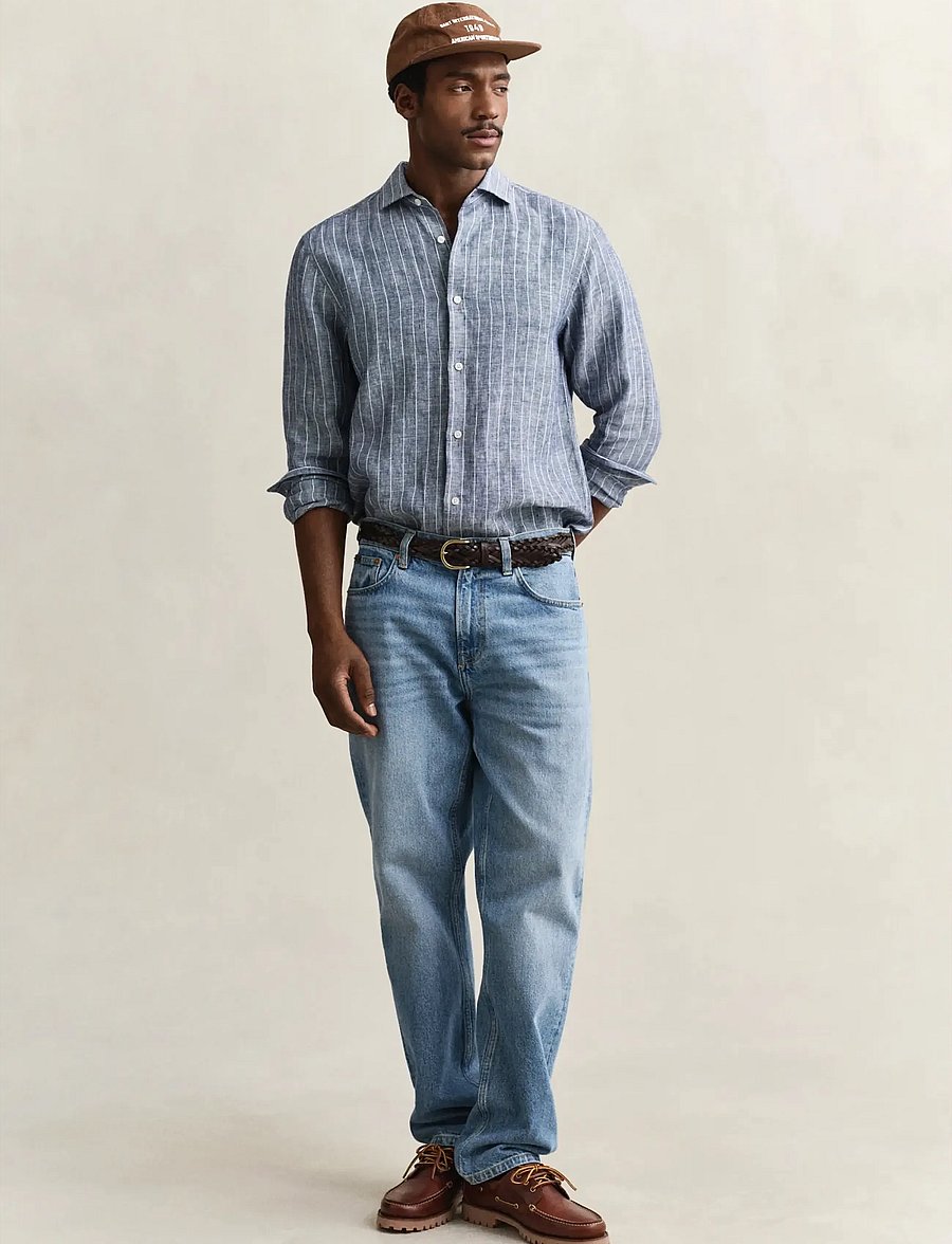Gant - REG LINEN STRIPE SHIRT - gestreifte hemden - persian blue - 4