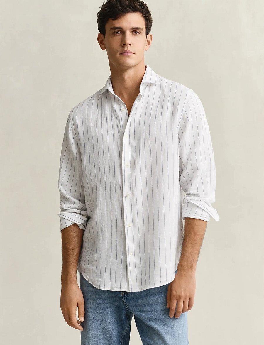 Gant - REG LINEN STRIPE SHIRT - randiga skjortor - white - 0