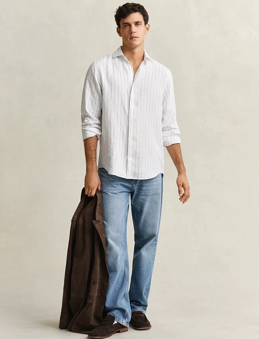 Gant - REG LINEN STRIPE SHIRT - randiga skjortor - white - 4