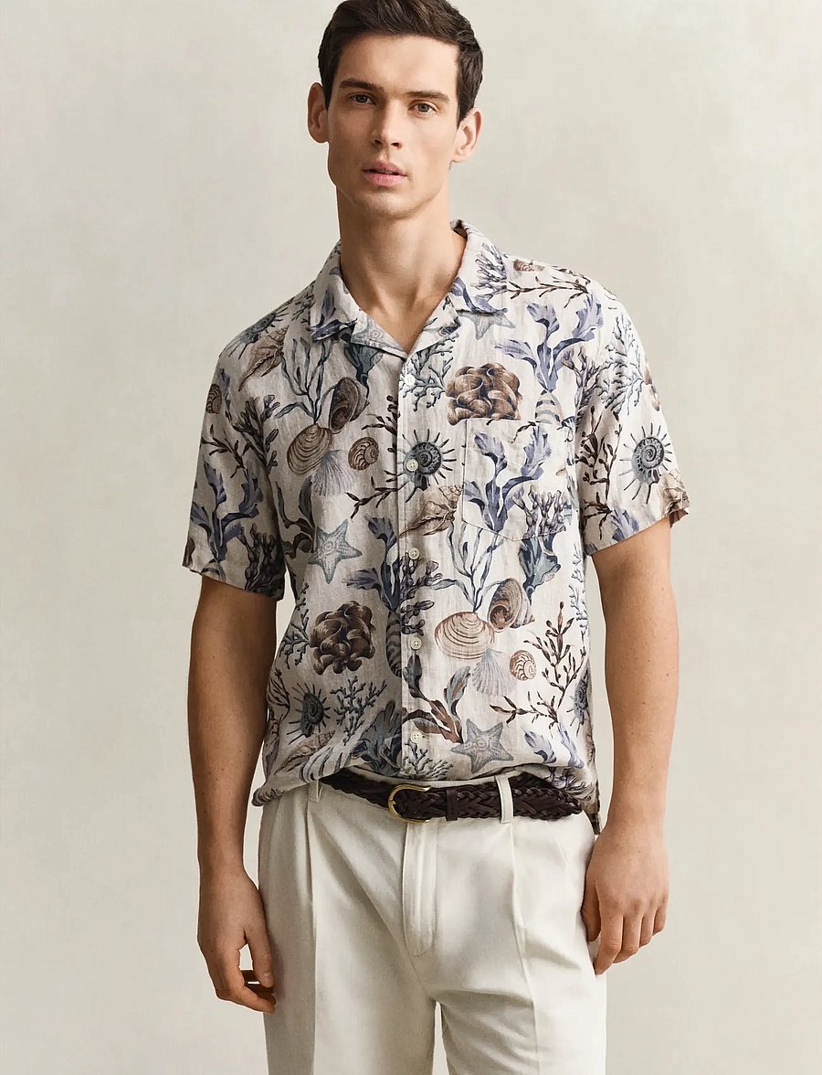 Gant - REG AOP CAMP COLLAR SHIRT - short-sleeved shirts - oat beige - 0