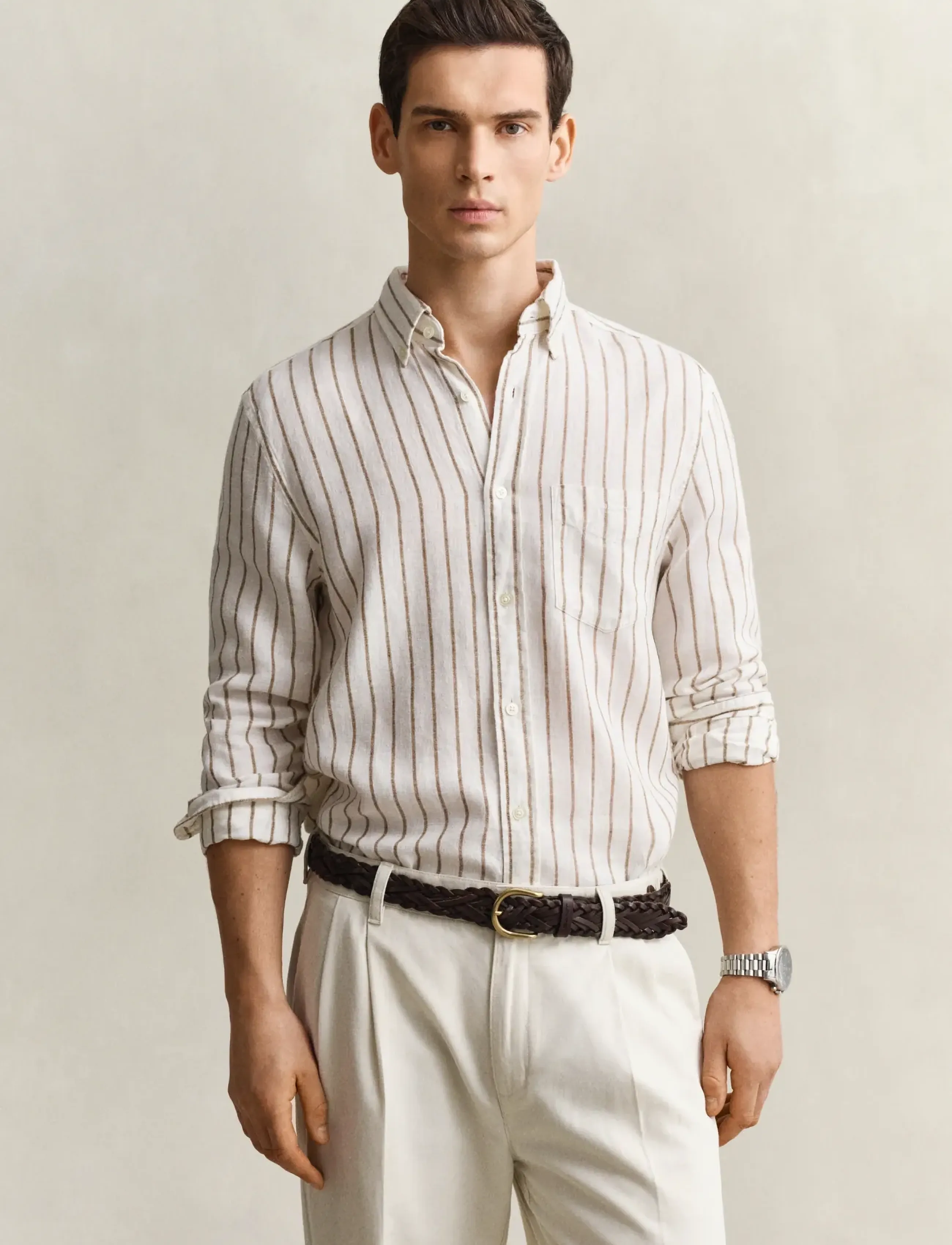 Gant Reg Linen Viscose Stripe Shirt, Mænd, Stribet Skjorte, Cream, Str: XXL