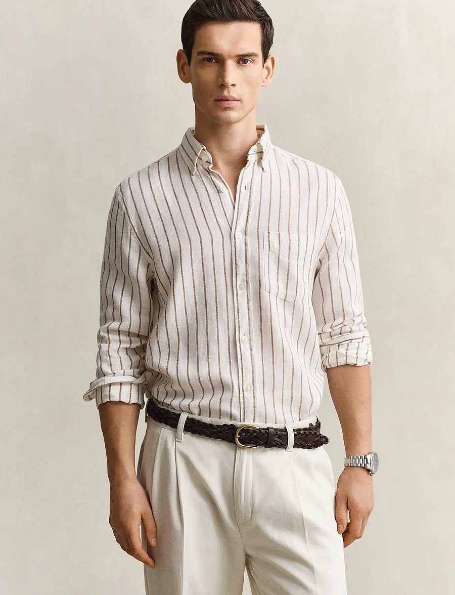 Gant - REG LINEN VISCOSE STRIPE SHIRT - stribede skjorter - cream - 0