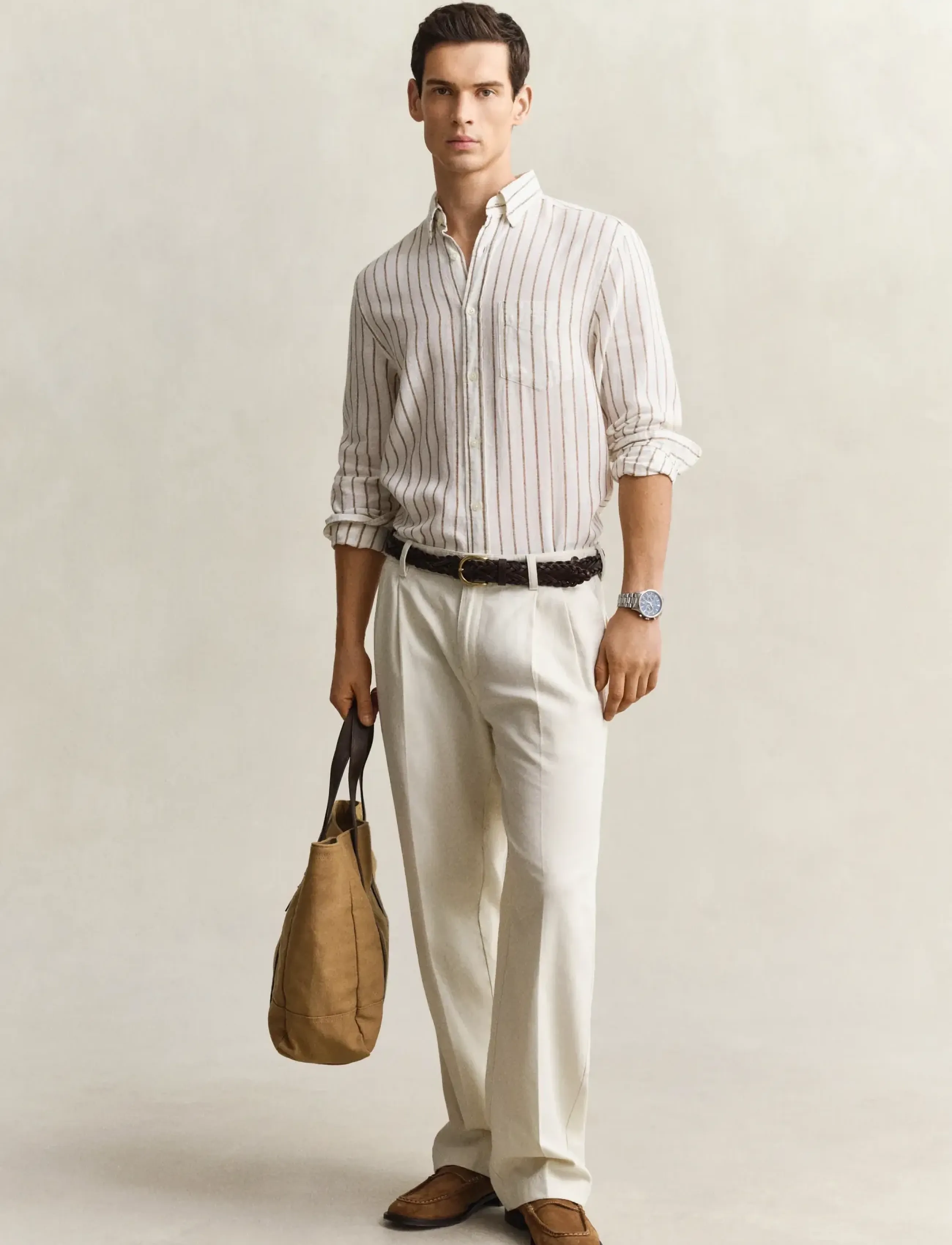 Gant - REG LINEN VISCOSE STRIPE SHIRT - stribede skjorter - cream - 4