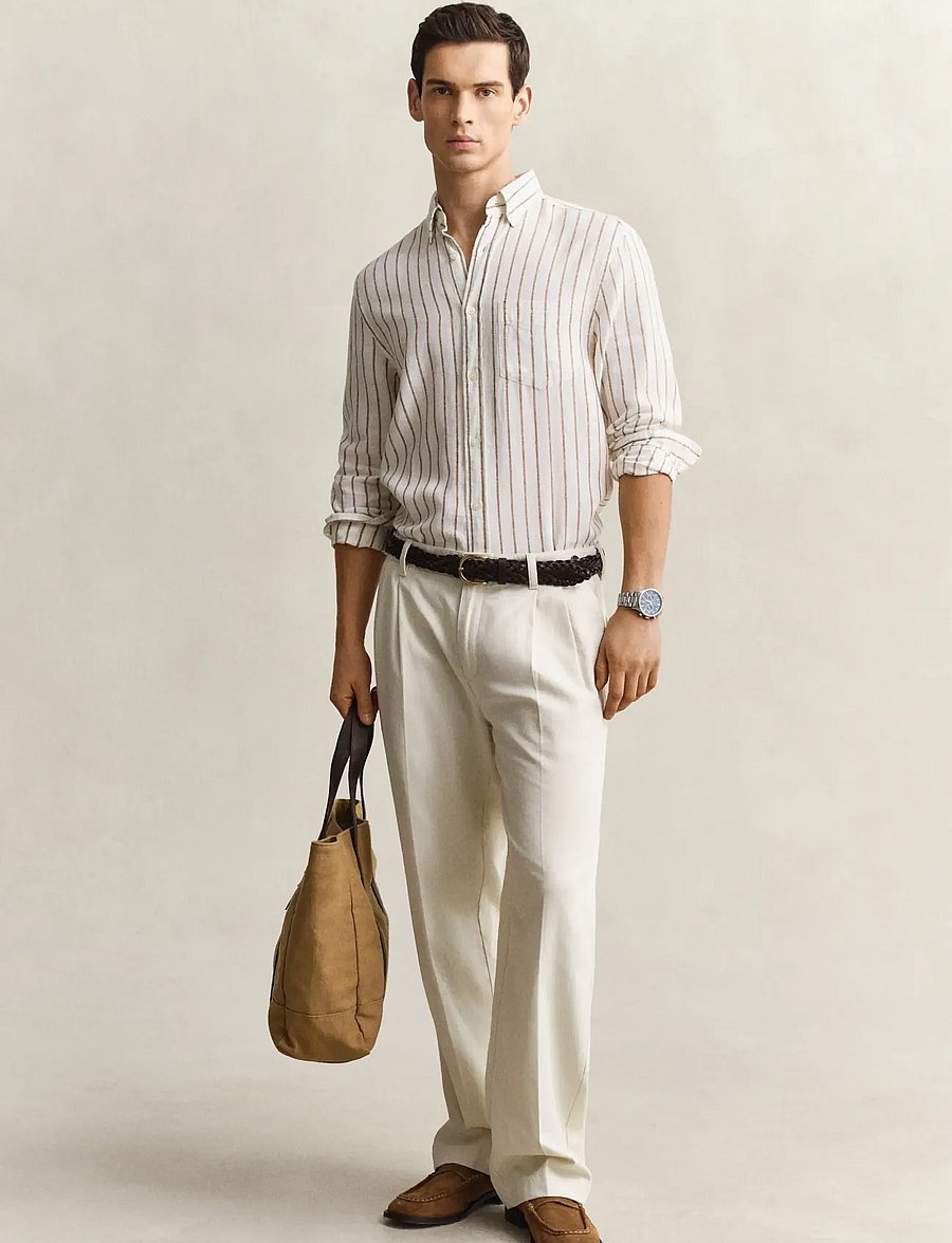 Gant - REG LINEN VISCOSE STRIPE SHIRT - stribede skjorter - cream - 4