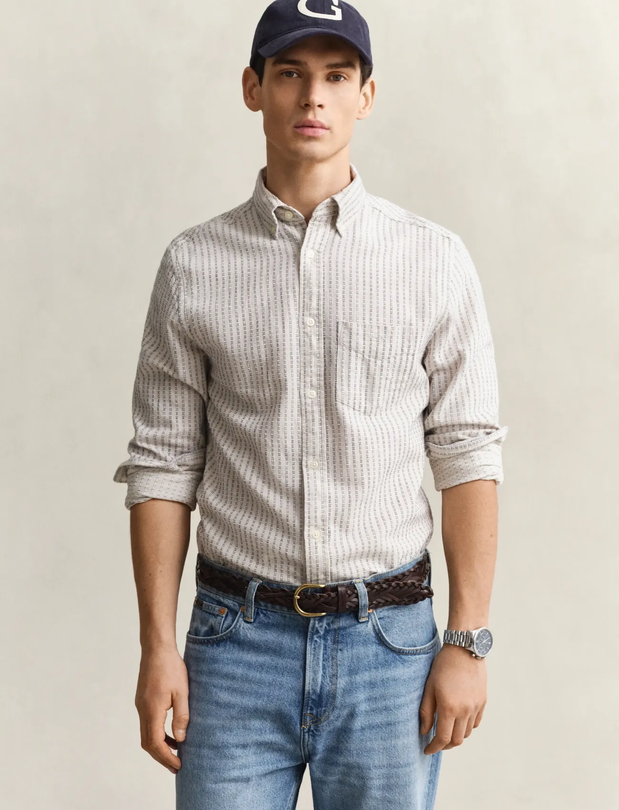 GANT REG COTTON LINEN STRIPE SHIRT - Triibulised särgid - FADED BEIGE / cream