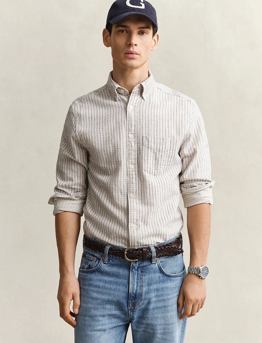 Gant - REG COTTON LINEN STRIPE SHIRT - gestreifte hemden - faded beige - 0