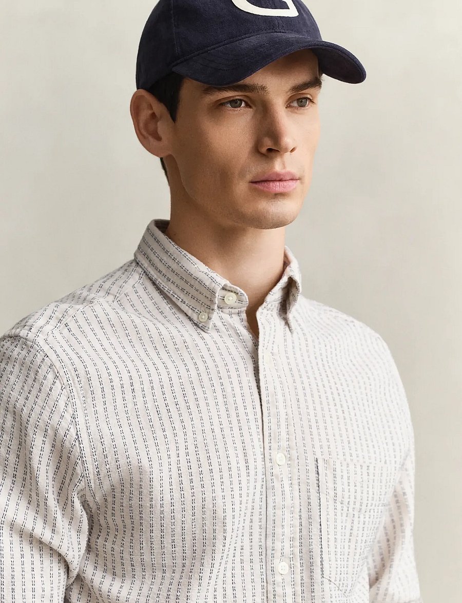 Gant - REG COTTON LINEN STRIPE SHIRT - gestreifte hemden - faded beige - 3