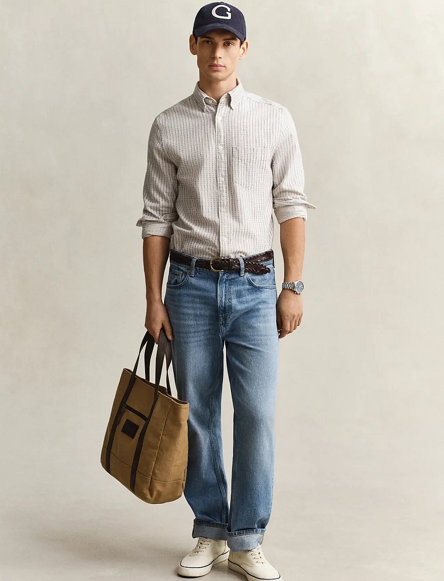 Gant - REG COTTON LINEN STRIPE SHIRT - gestreifte hemden - faded beige - 4