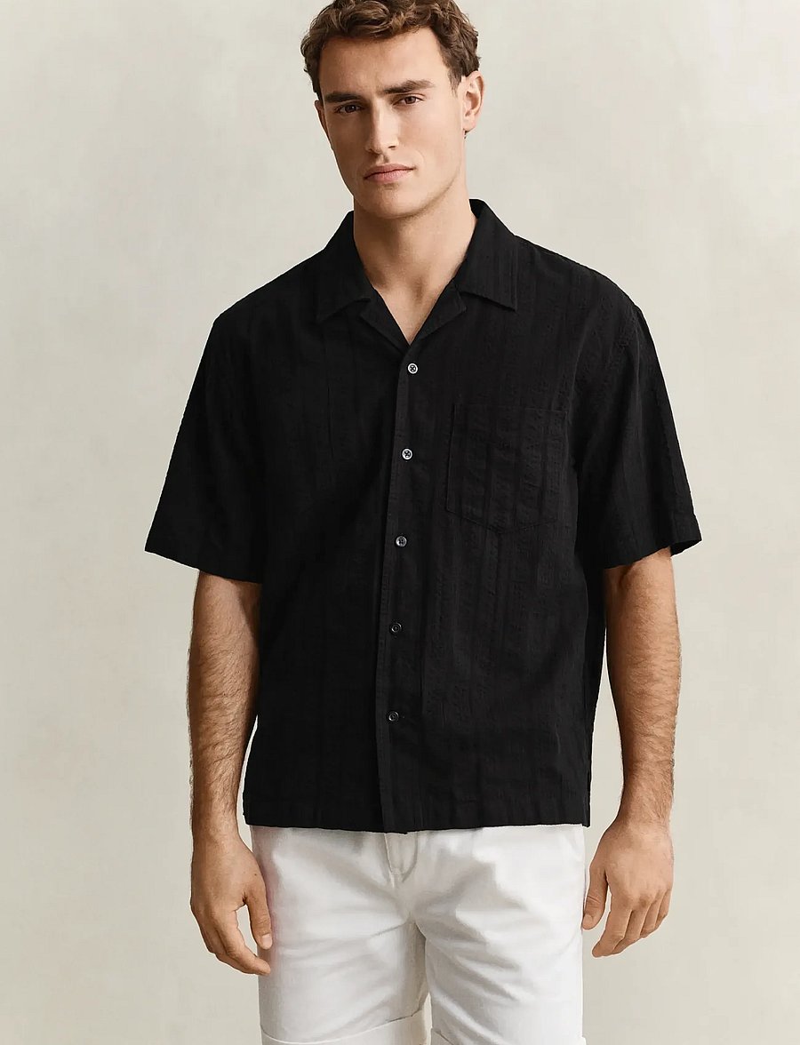 Gant - REL DOBBY STRIPE CAMP COLLAR SHIRT - kurzarmhemden - black - 0