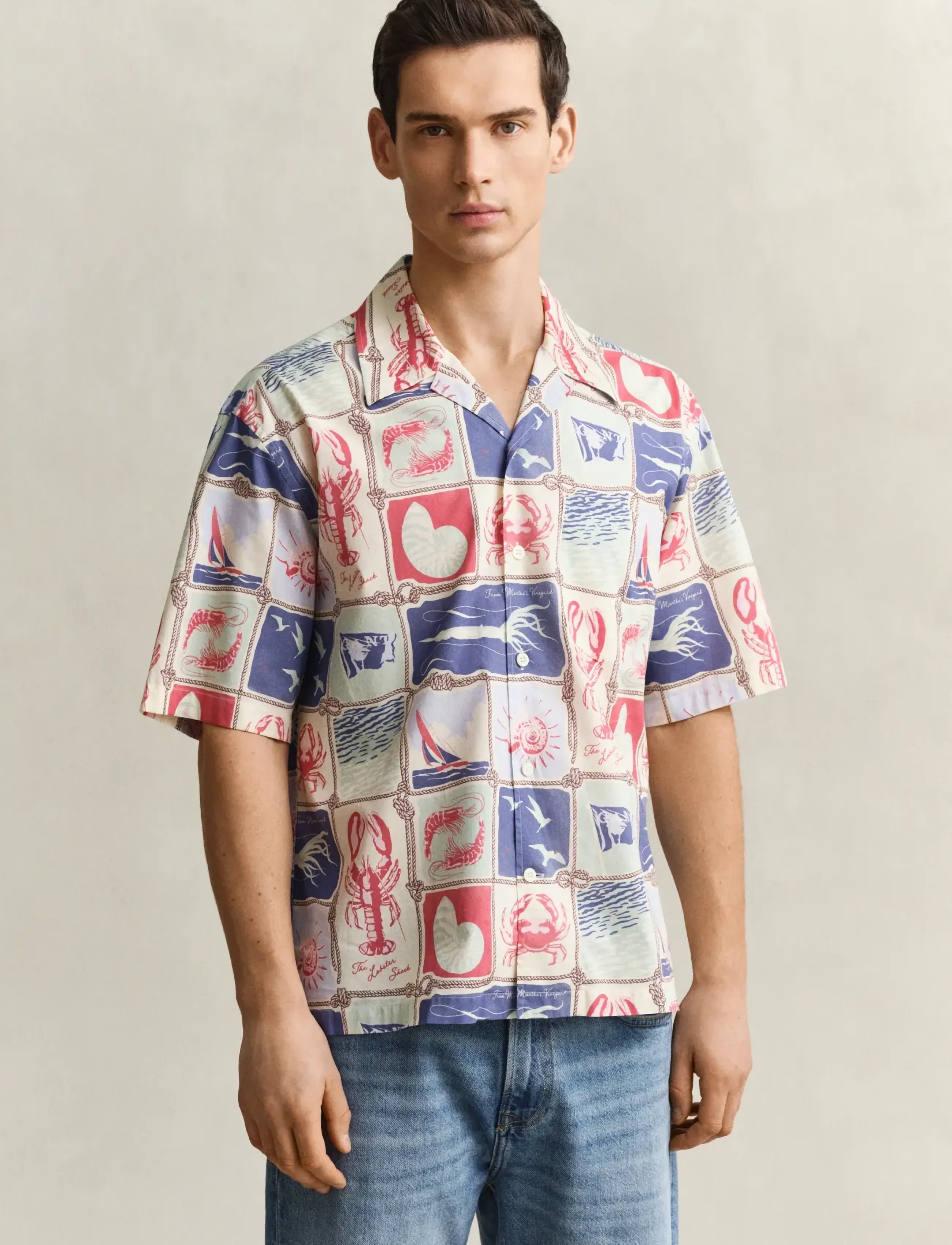 Gant Rel Nautical Print Ss Shirt, Mænd, Nautisk Print Kortærmet Skjorte, Multi/mønstret, Str: M