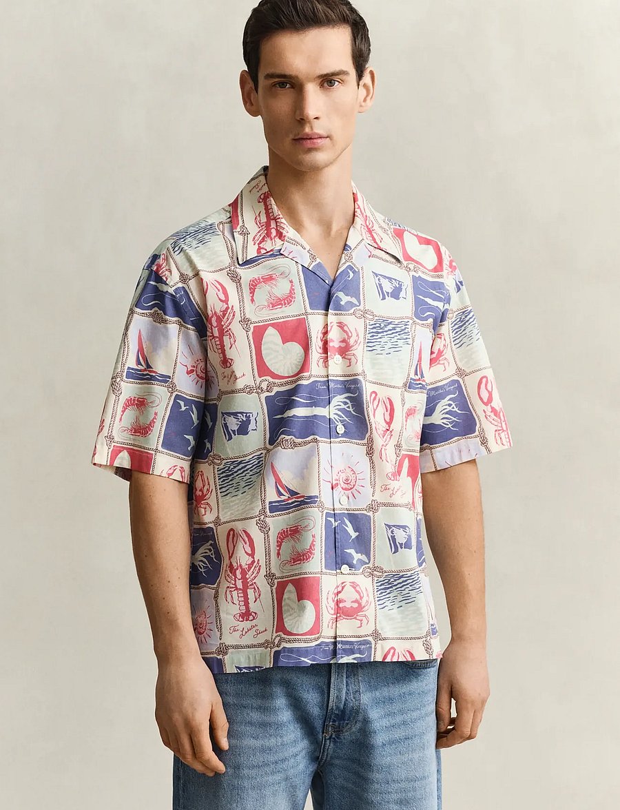 Gant - REL NAUTICAL PRINT SS SHIRT - kortærmede skjorter - creamed white - 0