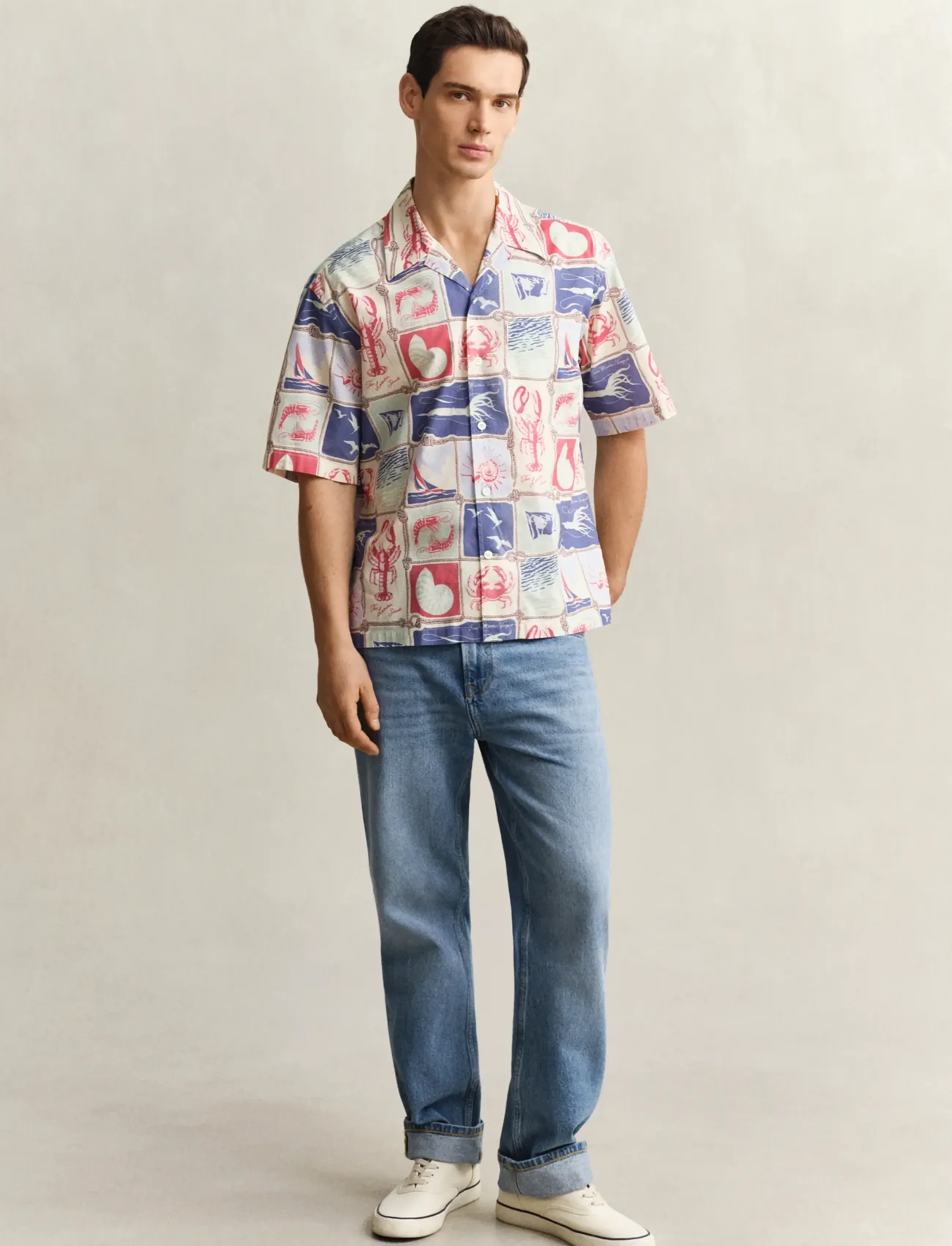 Gant - REL NAUTICAL PRINT SS SHIRT - kortærmede skjorter - creamed white - 4